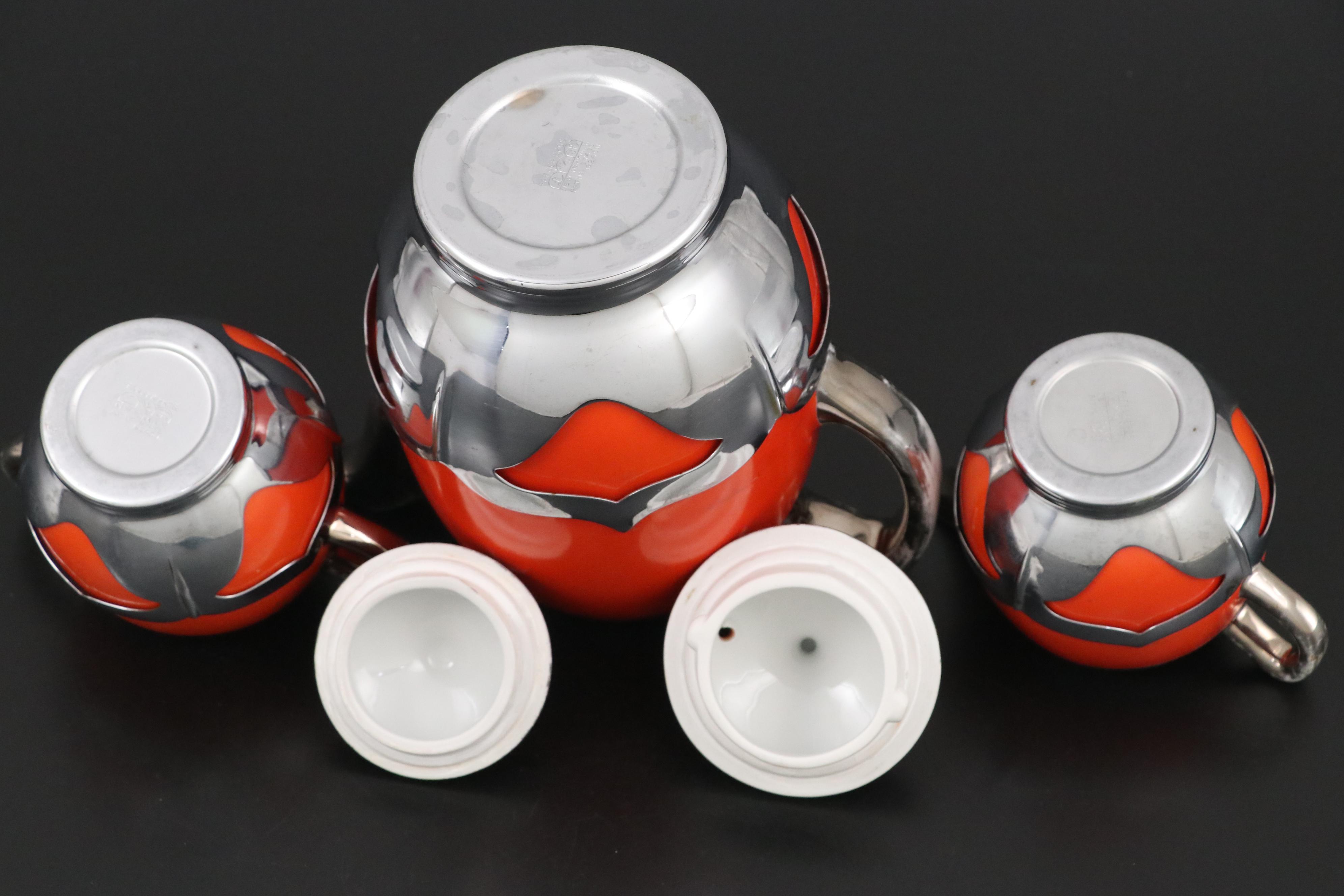 Farber Bros Fraunfelter Orange & Silver Plate Tea Set & Art Deco Style Bud Vases