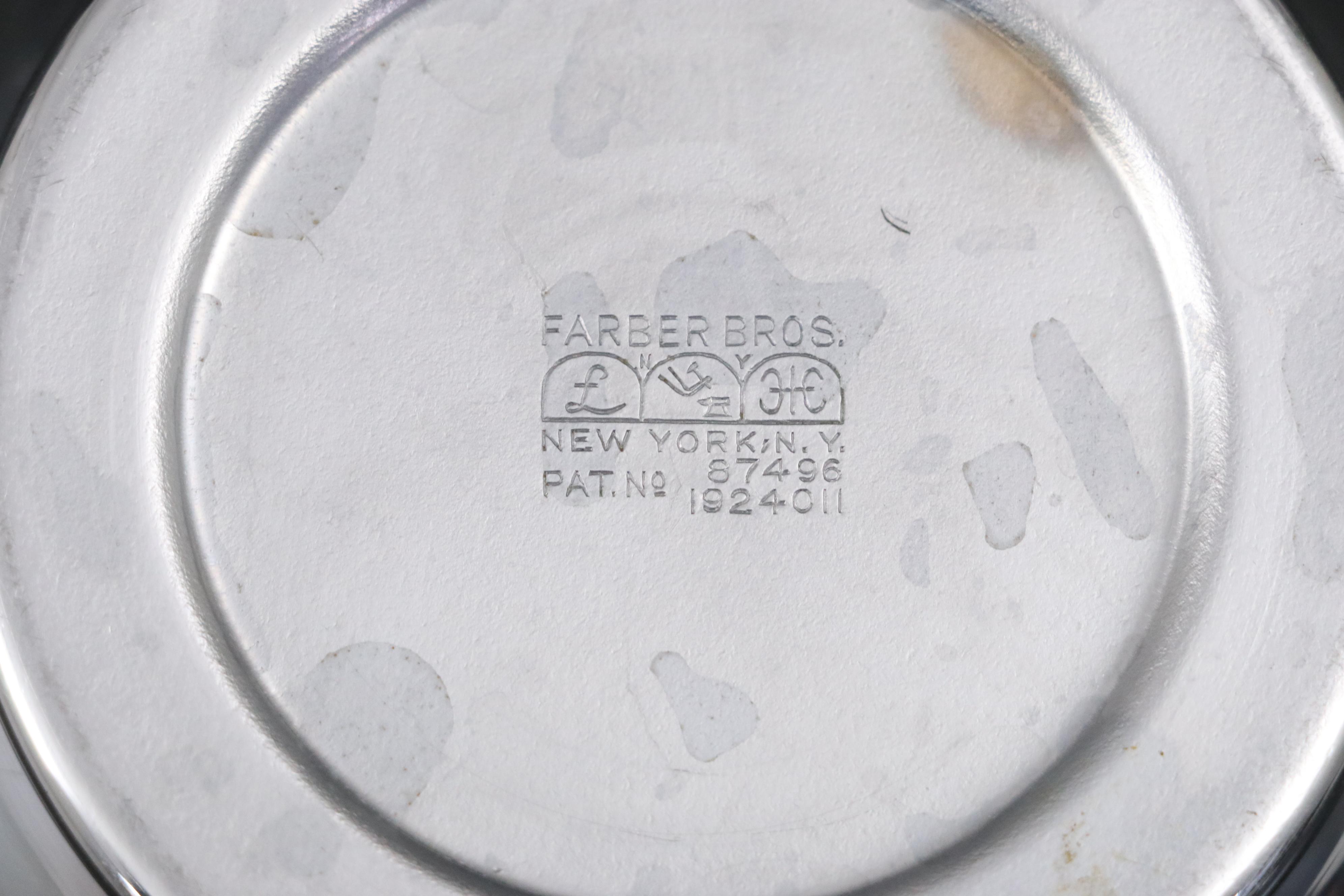 Farber Bros Fraunfelter Orange & Silver Plate Tea Set & Art Deco Style Bud Vases