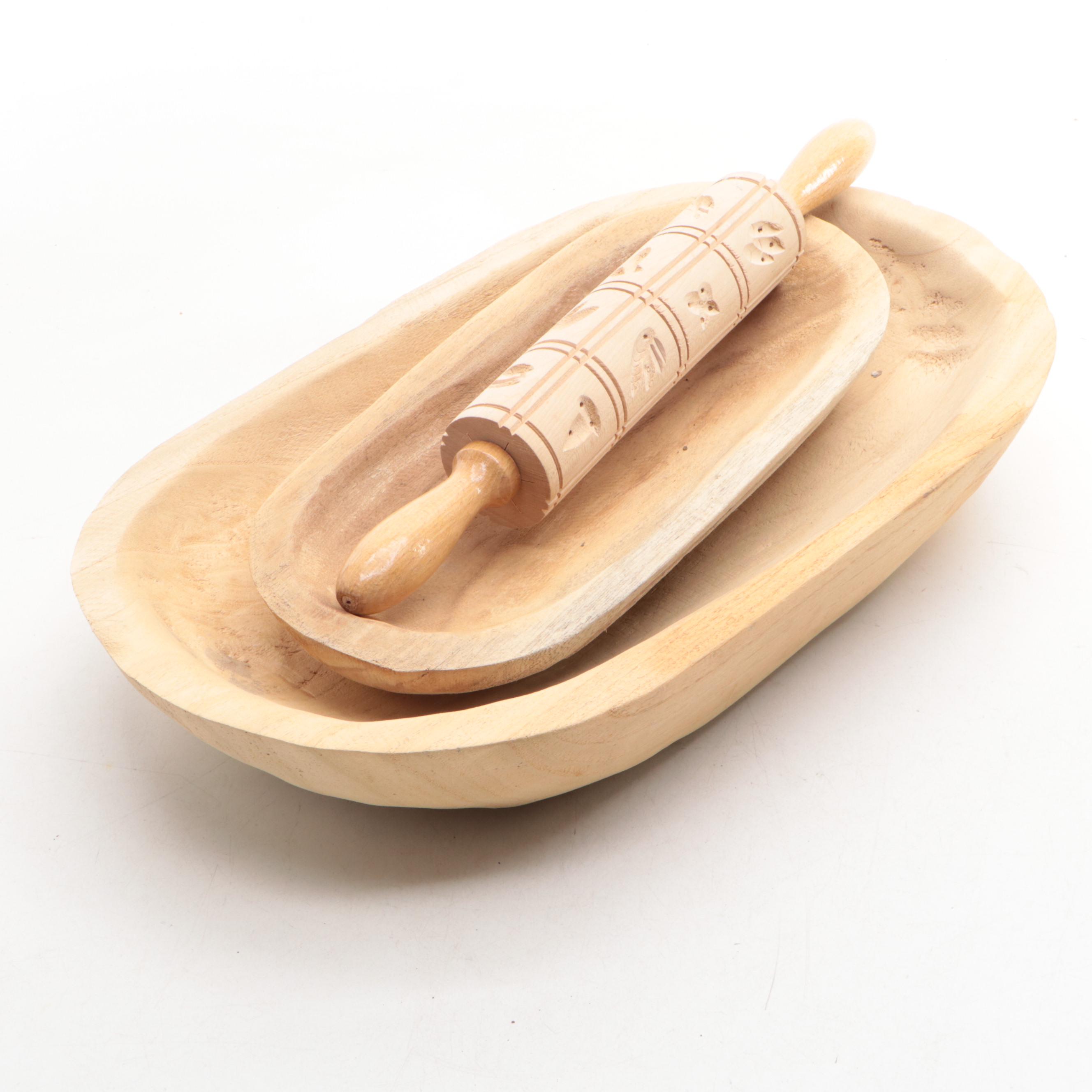 Wooden Oval Dough Bowls with Mixing Bowl, Rolling Pin and Forks