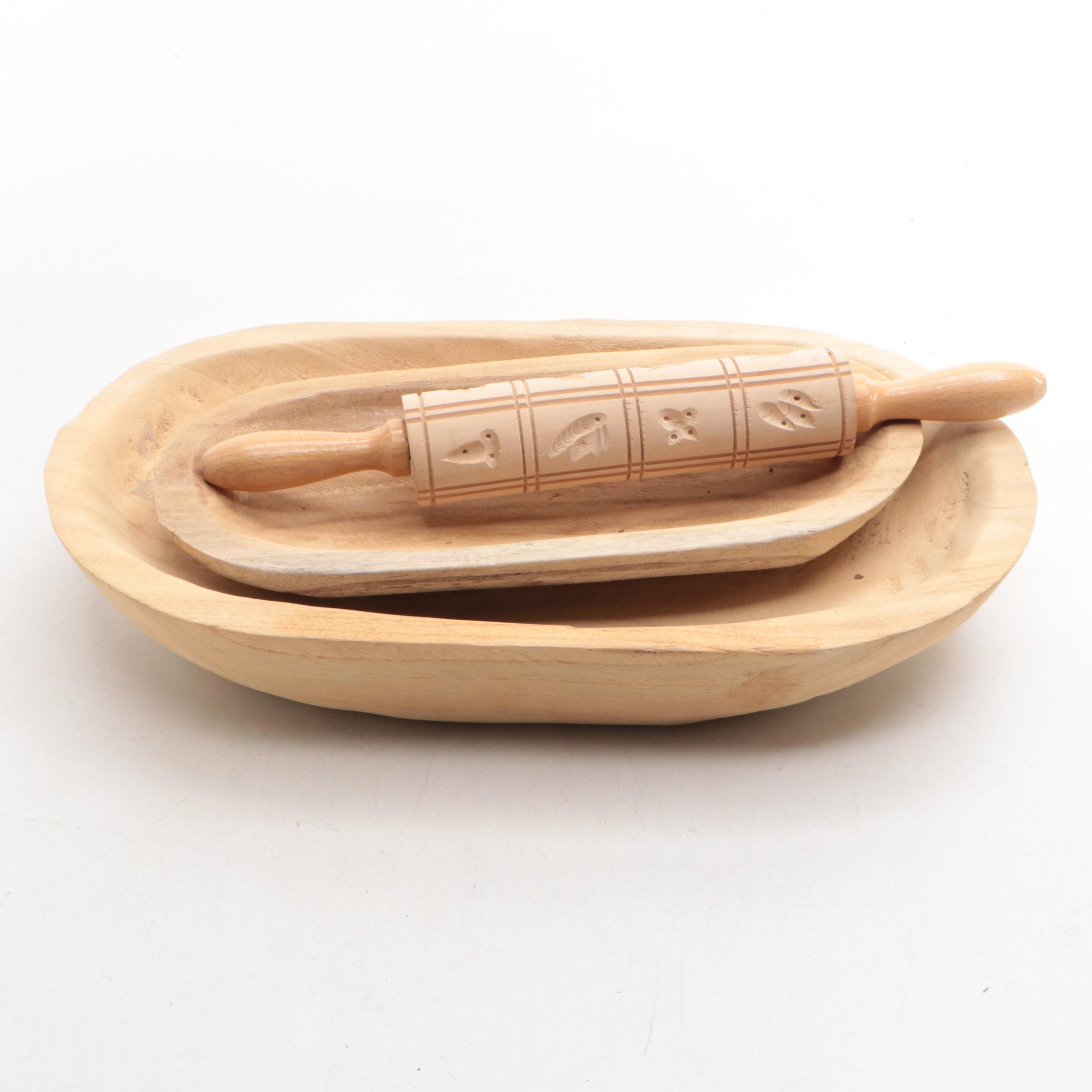 Wooden Oval Dough Bowls with Mixing Bowl, Rolling Pin and Forks