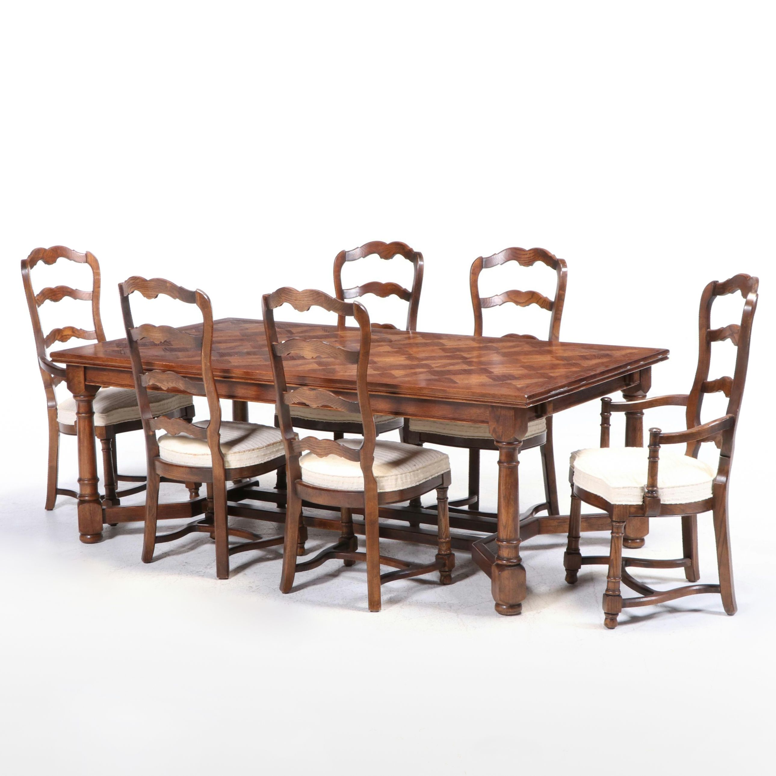 Century French Country Style Parquet Top Oak Dining Table and Chairs