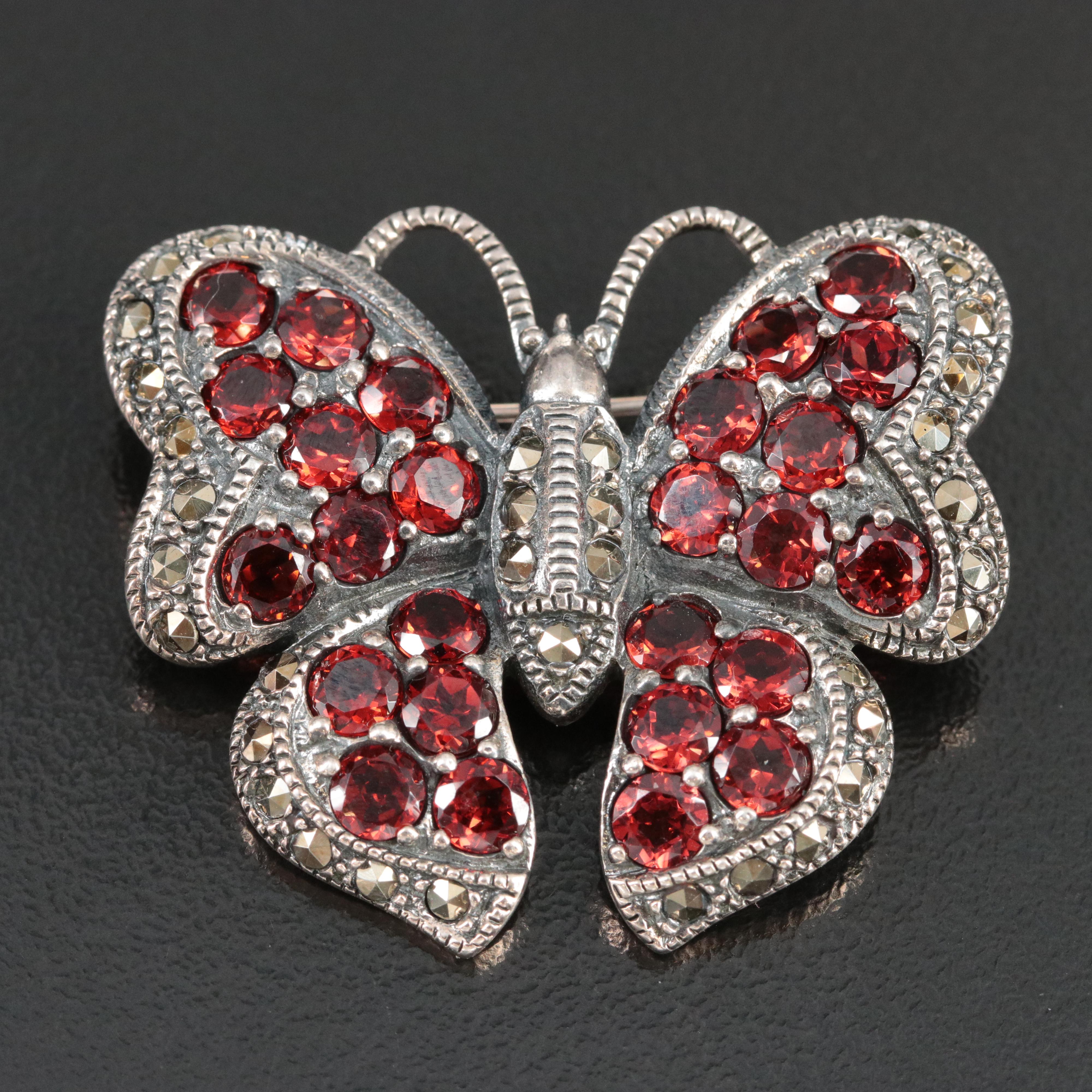 Sterling Garnet and Marcasite Butterfly Brooch