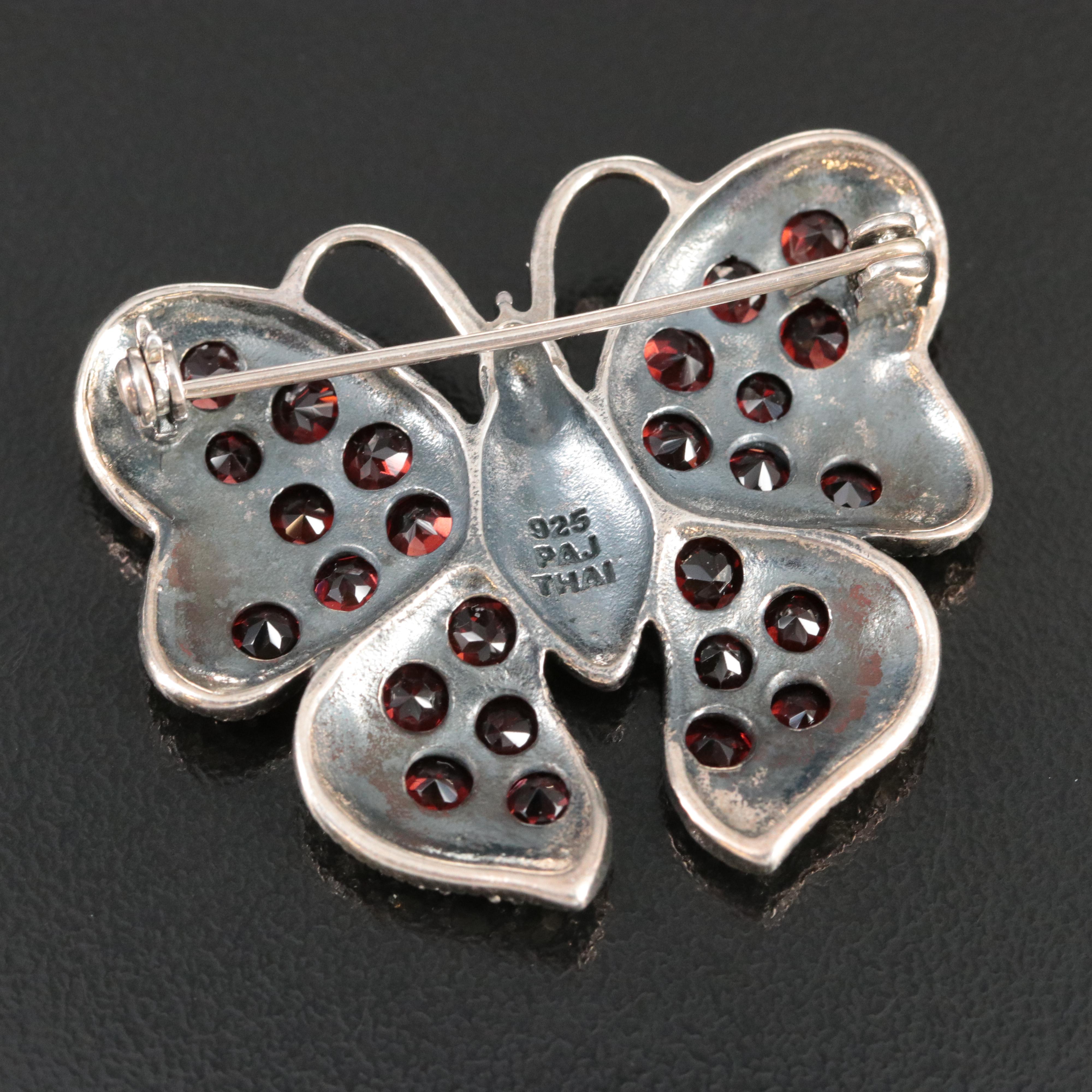 Sterling Garnet and Marcasite Butterfly Brooch