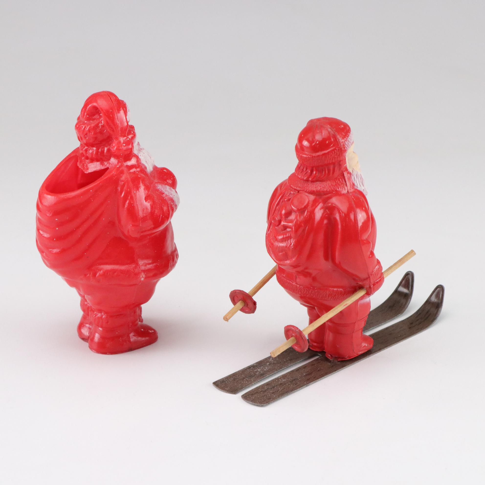 Tin Litho Mechanical and Plastic Santa Figurines, Mid to Late 20th Century