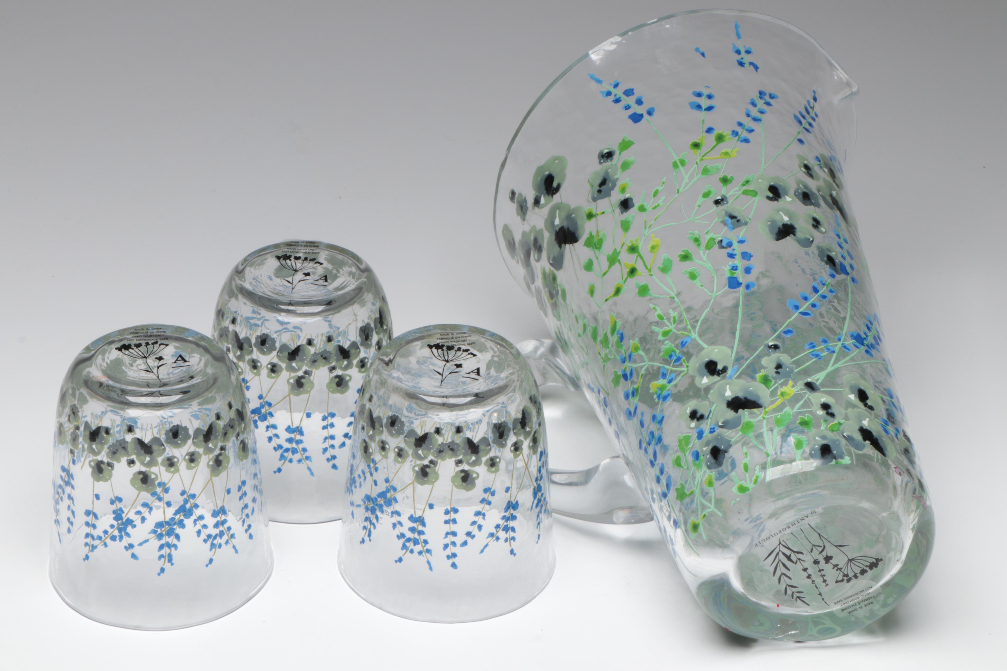 Anthropologie "Clemence" Glass Pitcher with Matching Tumblers & Other Stemware