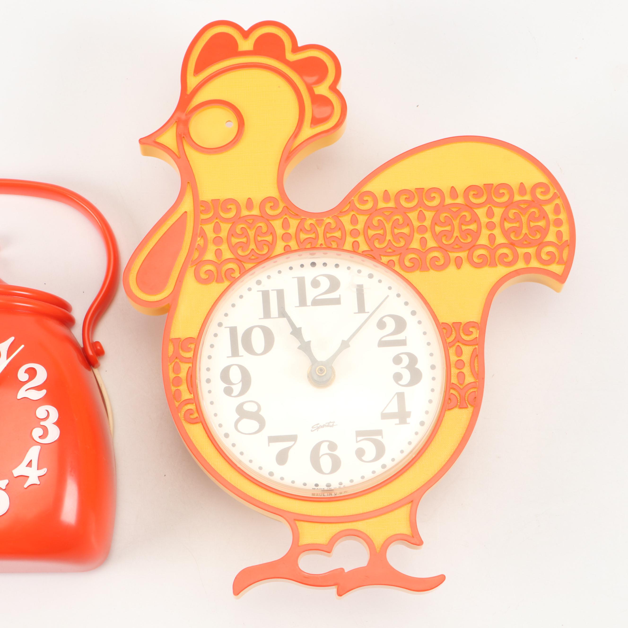 Spartus Molded Plastic Chicken and Teapot Wall Clocks, Mid to Late 20th C.