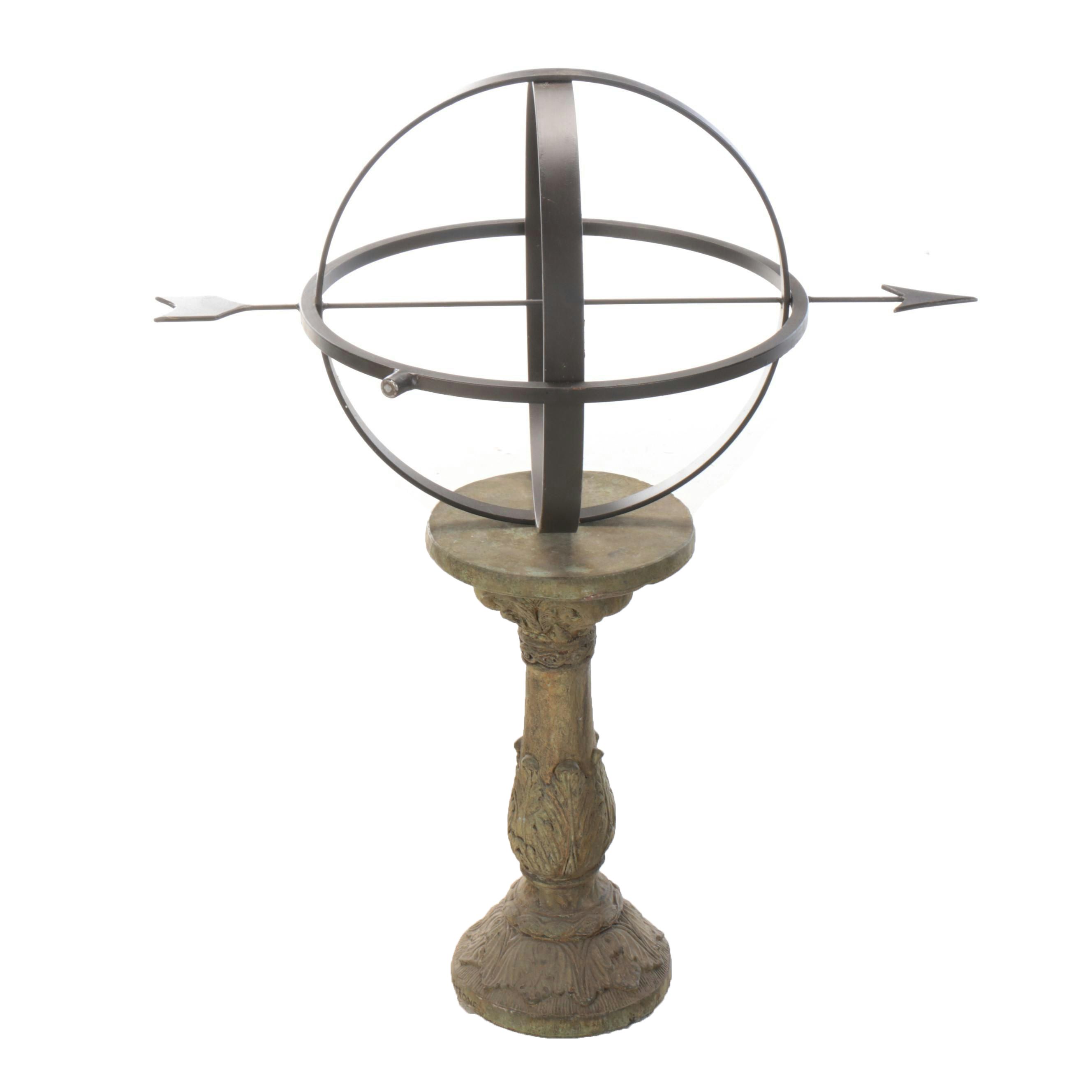 Wrought Iron Armillary Sphere with Neoclassical Style Cast Concrete Stand