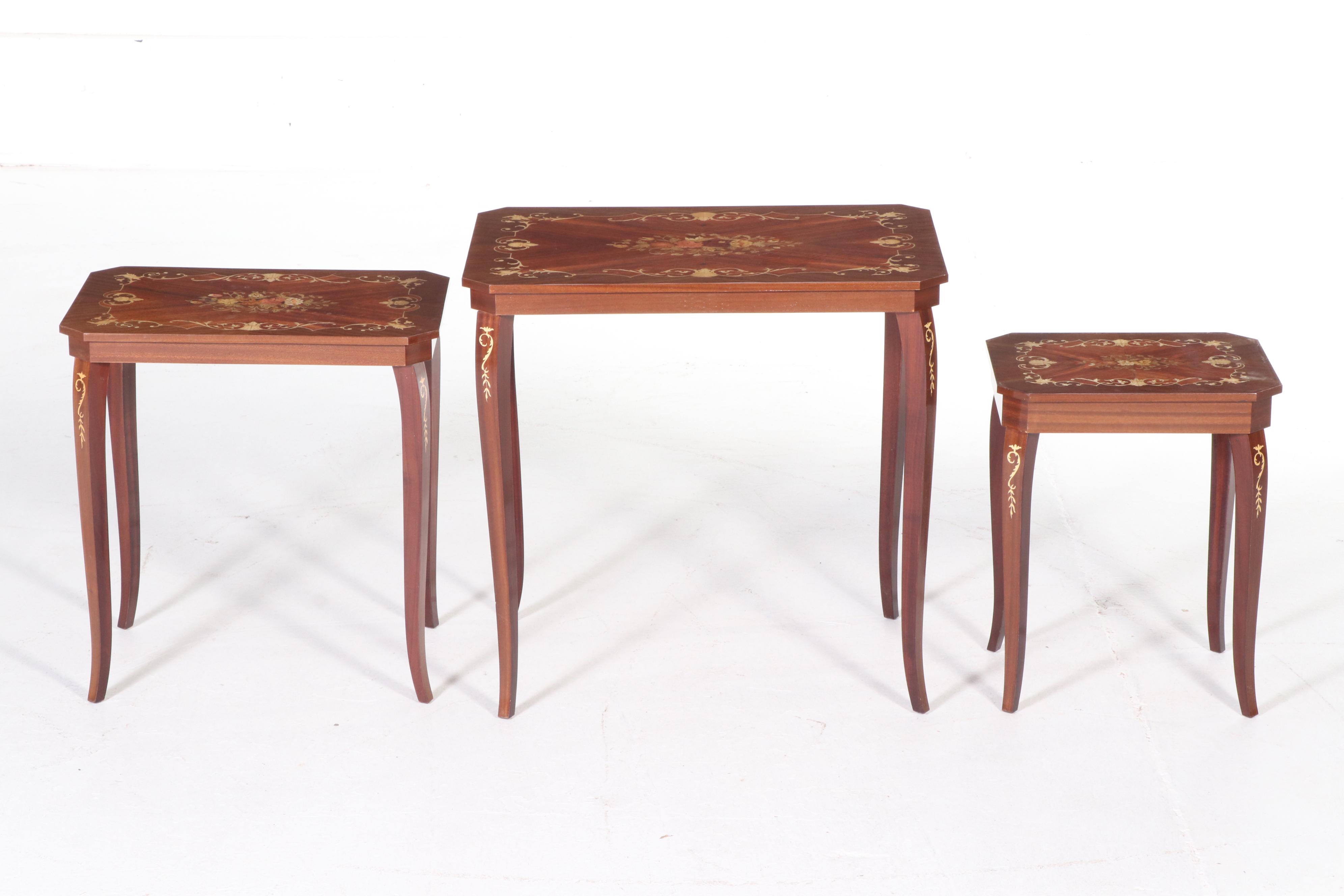 Notturno Intarsio Italian Marquetry Inlaid Nesting Tables with Music Box