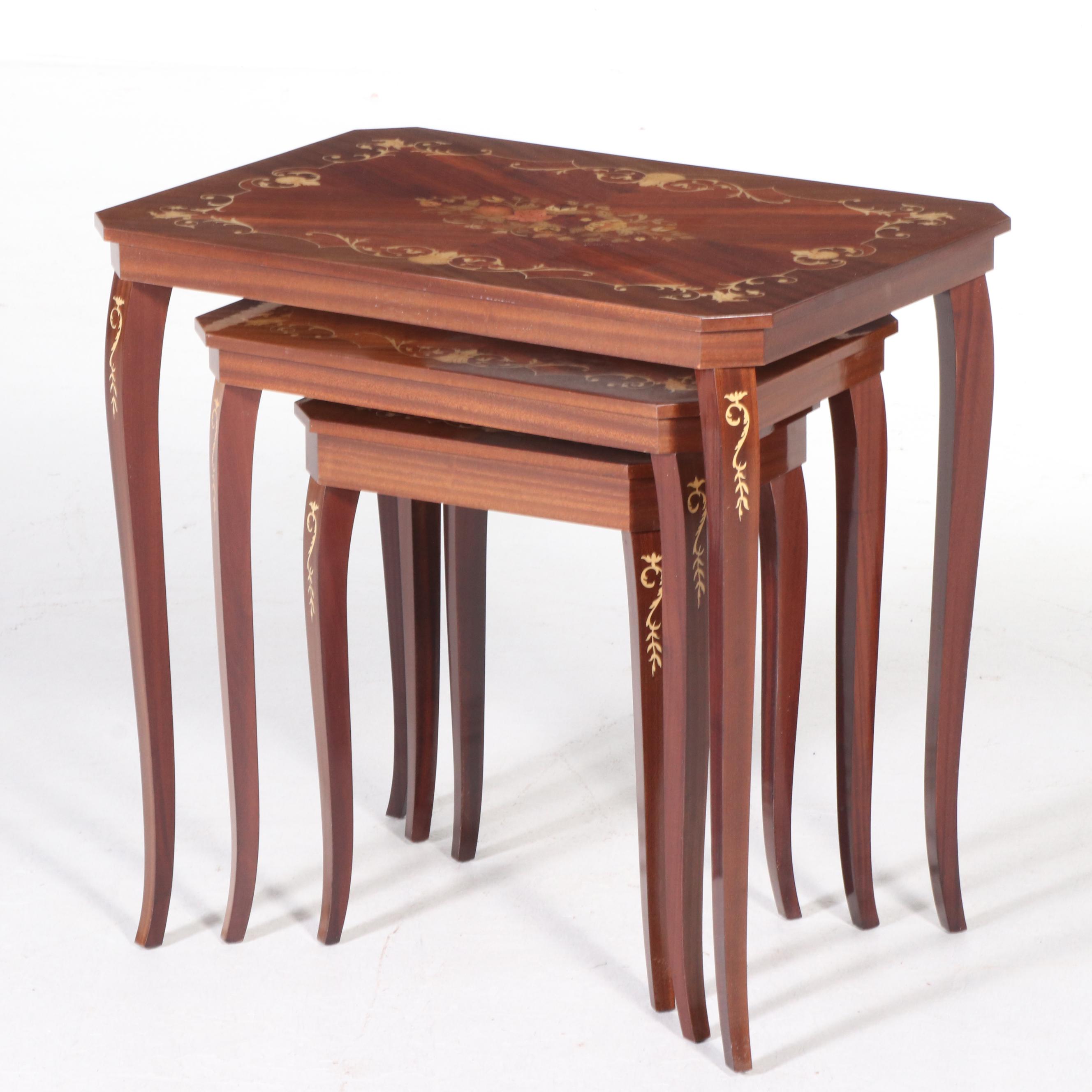 Notturno Intarsio Italian Marquetry Inlaid Nesting Tables with Music Box