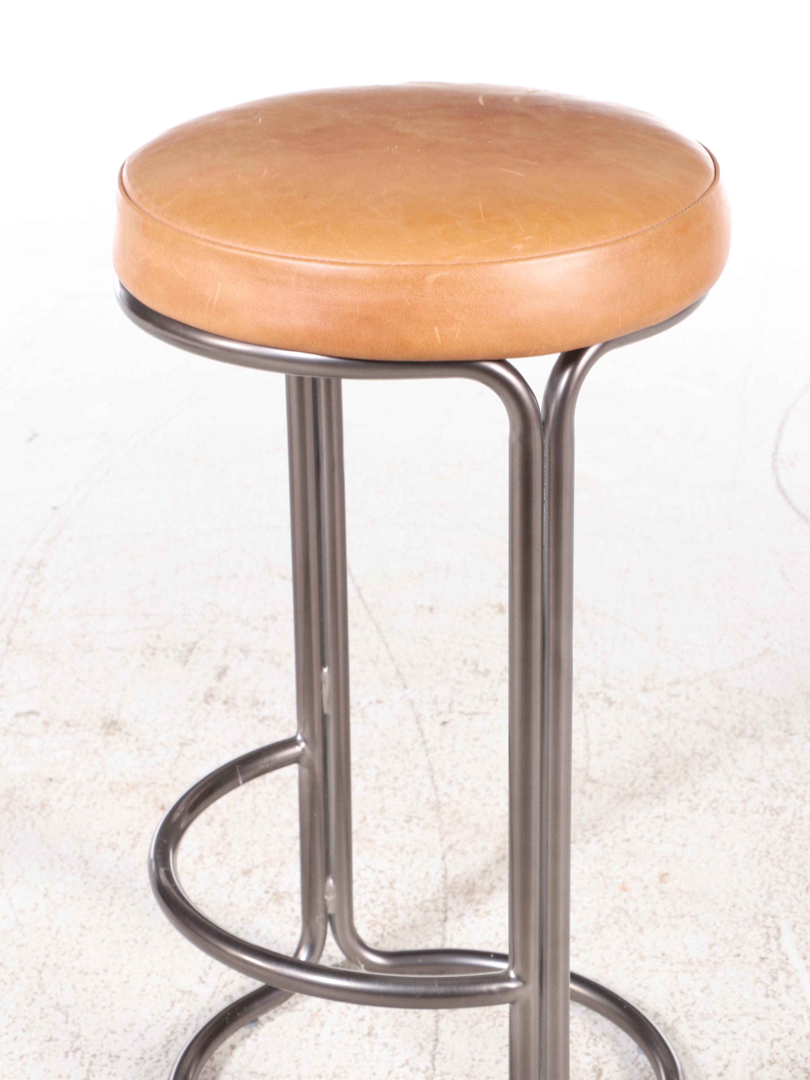 Pair of West Elm Art Deco Style "Cora" Metal and Leather Stools