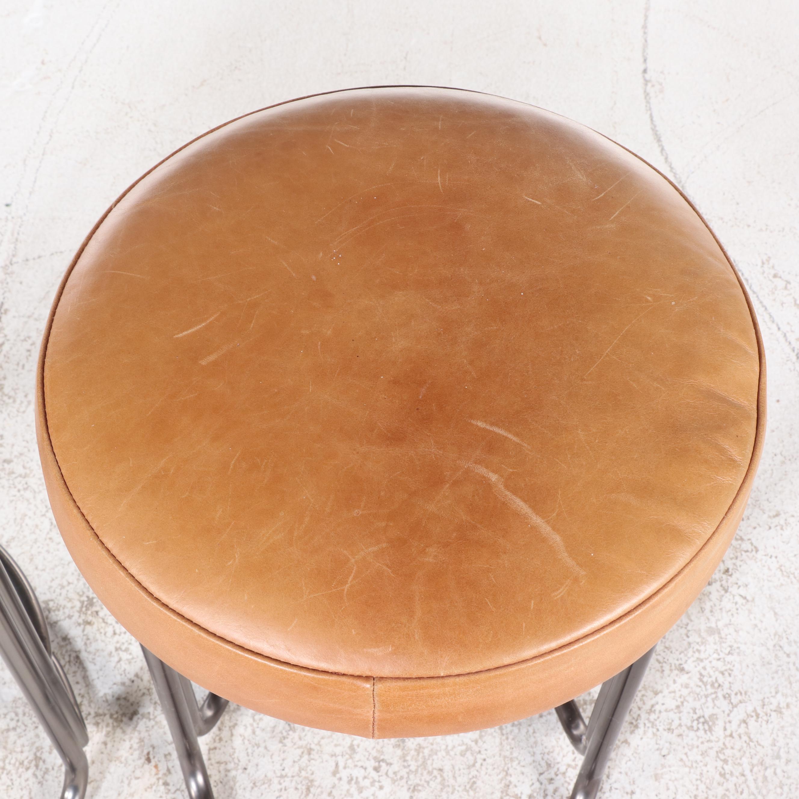 Pair of West Elm Art Deco Style "Cora" Metal and Leather Stools