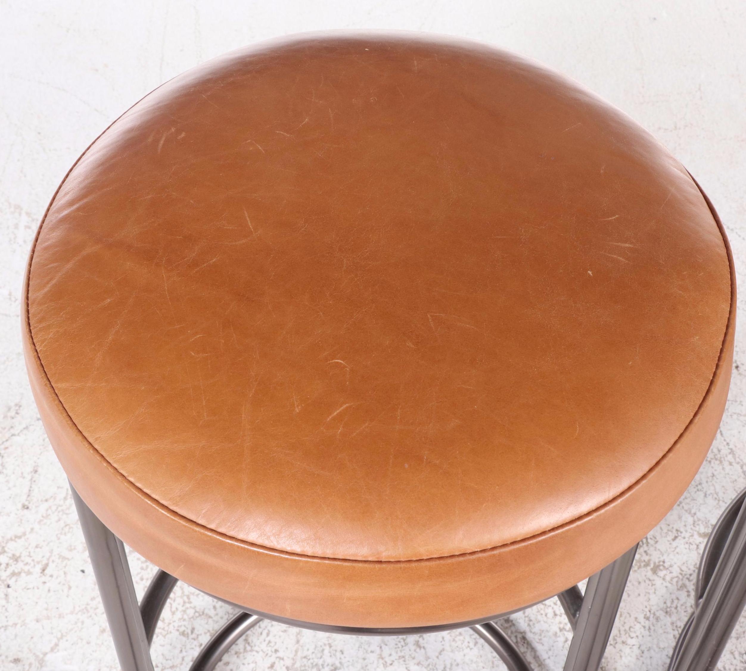 Pair of West Elm Art Deco Style "Cora" Metal and Leather Stools