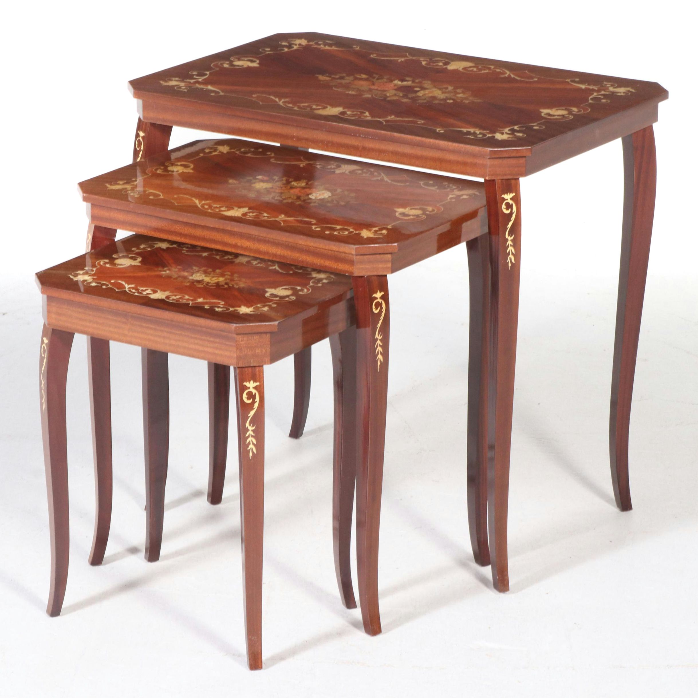 Notturno Intarsio Italian Marquetry Inlaid Nesting Tables with Music Box
