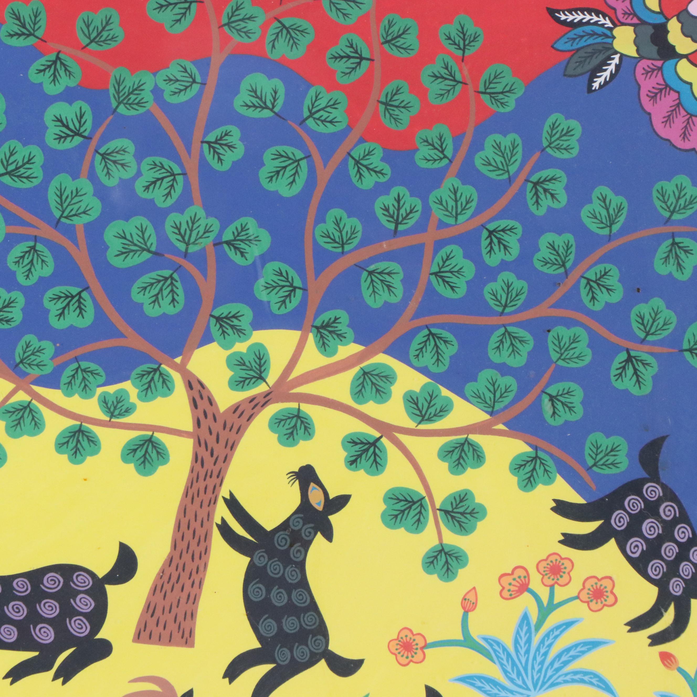 Feng Aih-Dong Chinese Farmer Gouache Painting "Frolicking Goats"