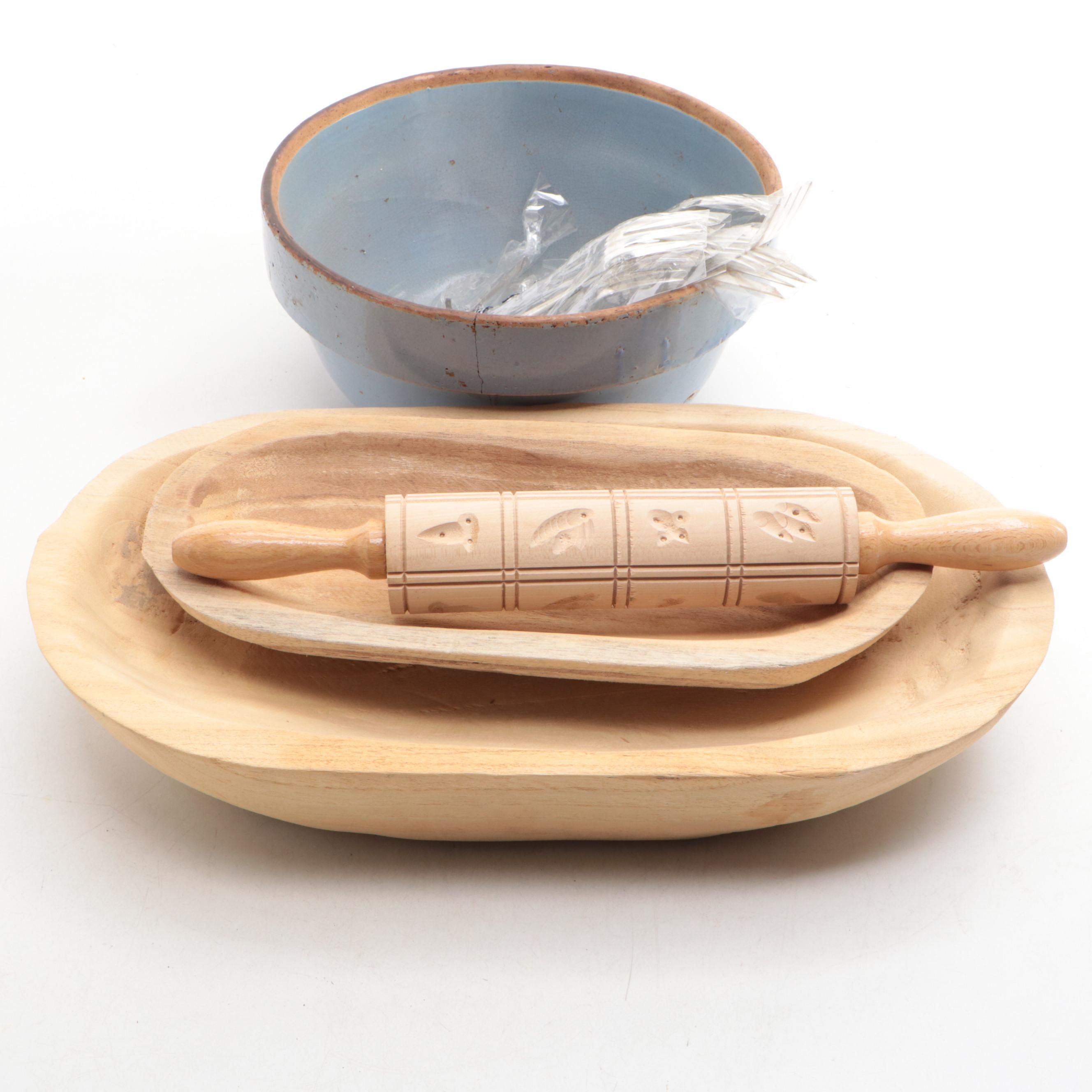 Wooden Oval Dough Bowls with Mixing Bowl, Rolling Pin and Forks
