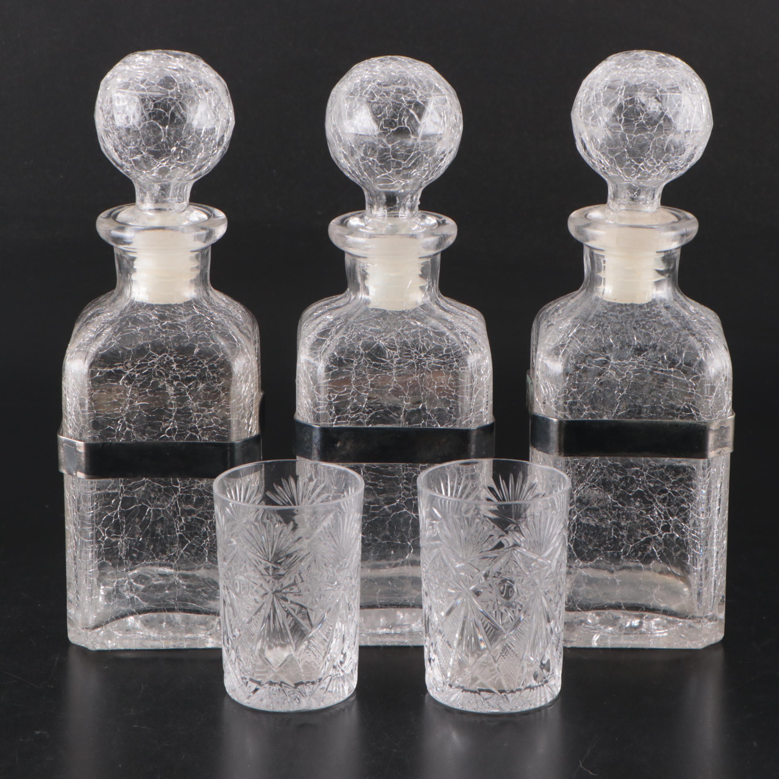 Crackle Glass Decanets with American Brilliant Style Glass Lowballs