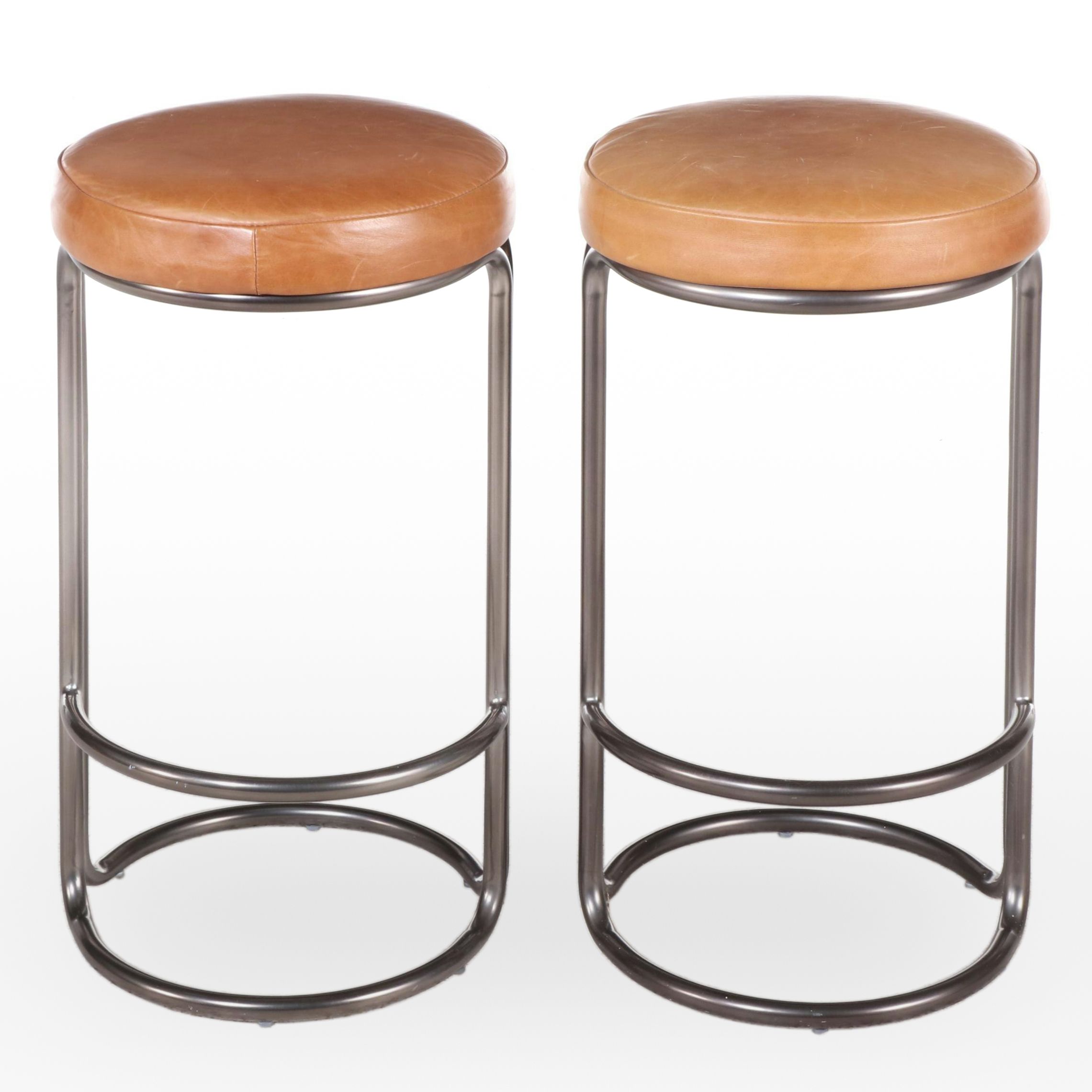 Pair of West Elm Art Deco Style "Cora" Metal and Leather Stools