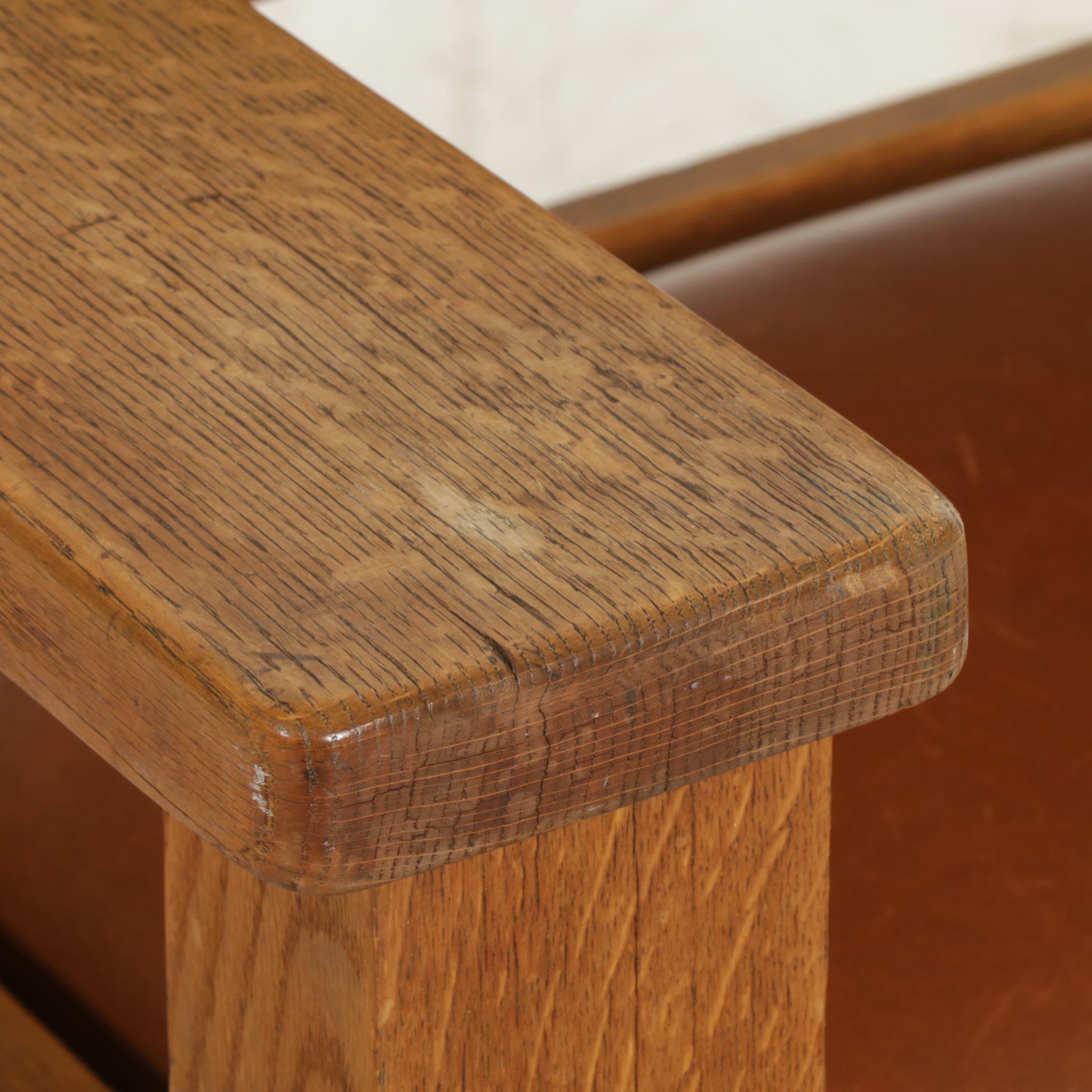 Mission Style Oak Armchair with Leather Upholstery, Early 20th Century