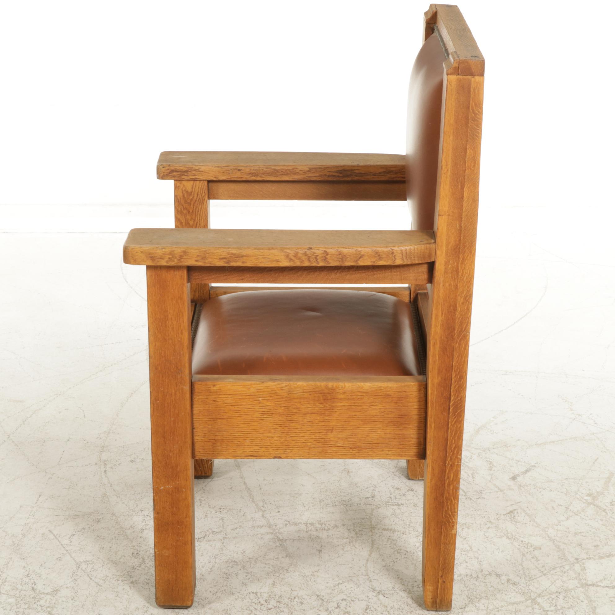 Mission Style Oak Armchair with Leather Upholstery, Early 20th Century