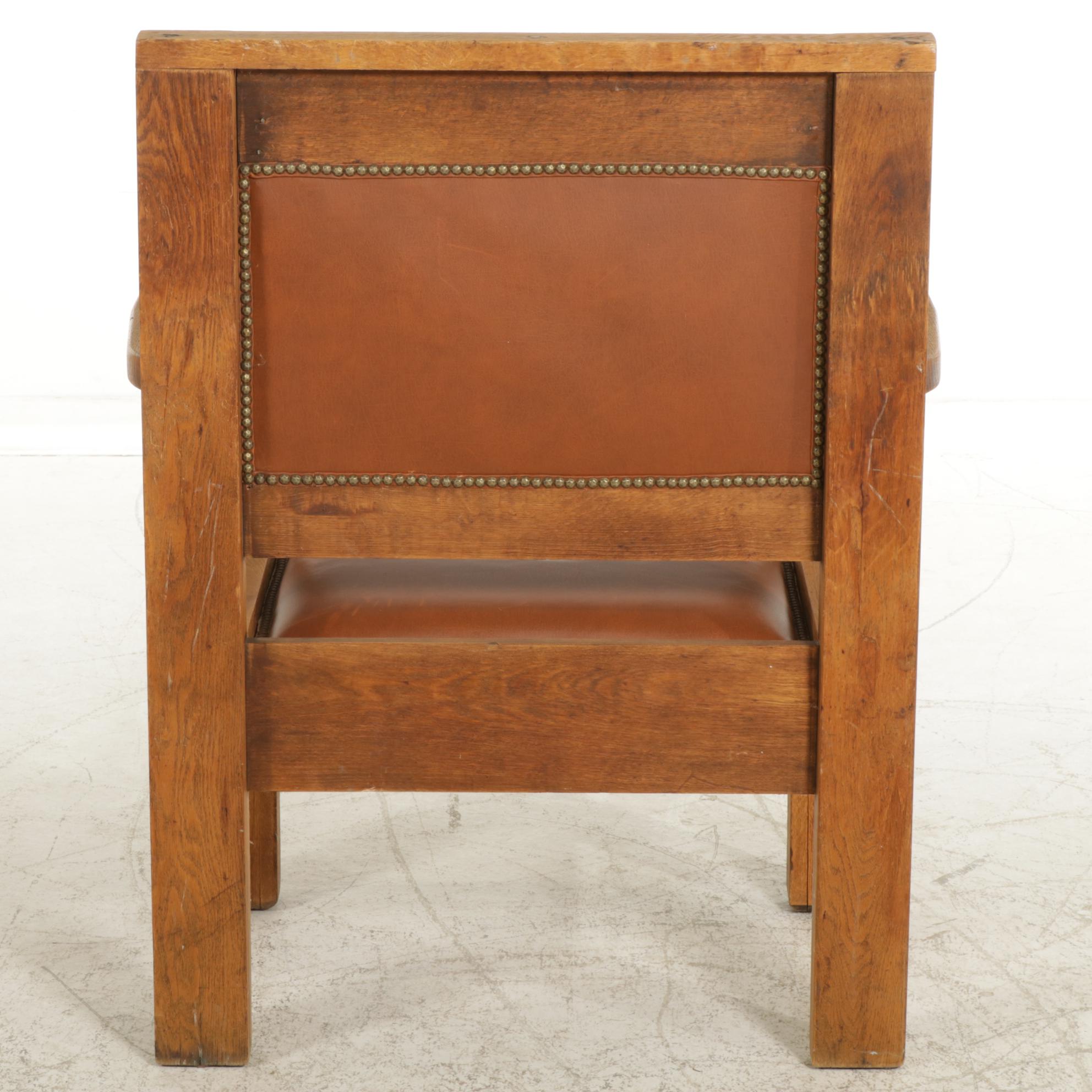 Mission Style Oak Armchair with Leather Upholstery, Early 20th Century