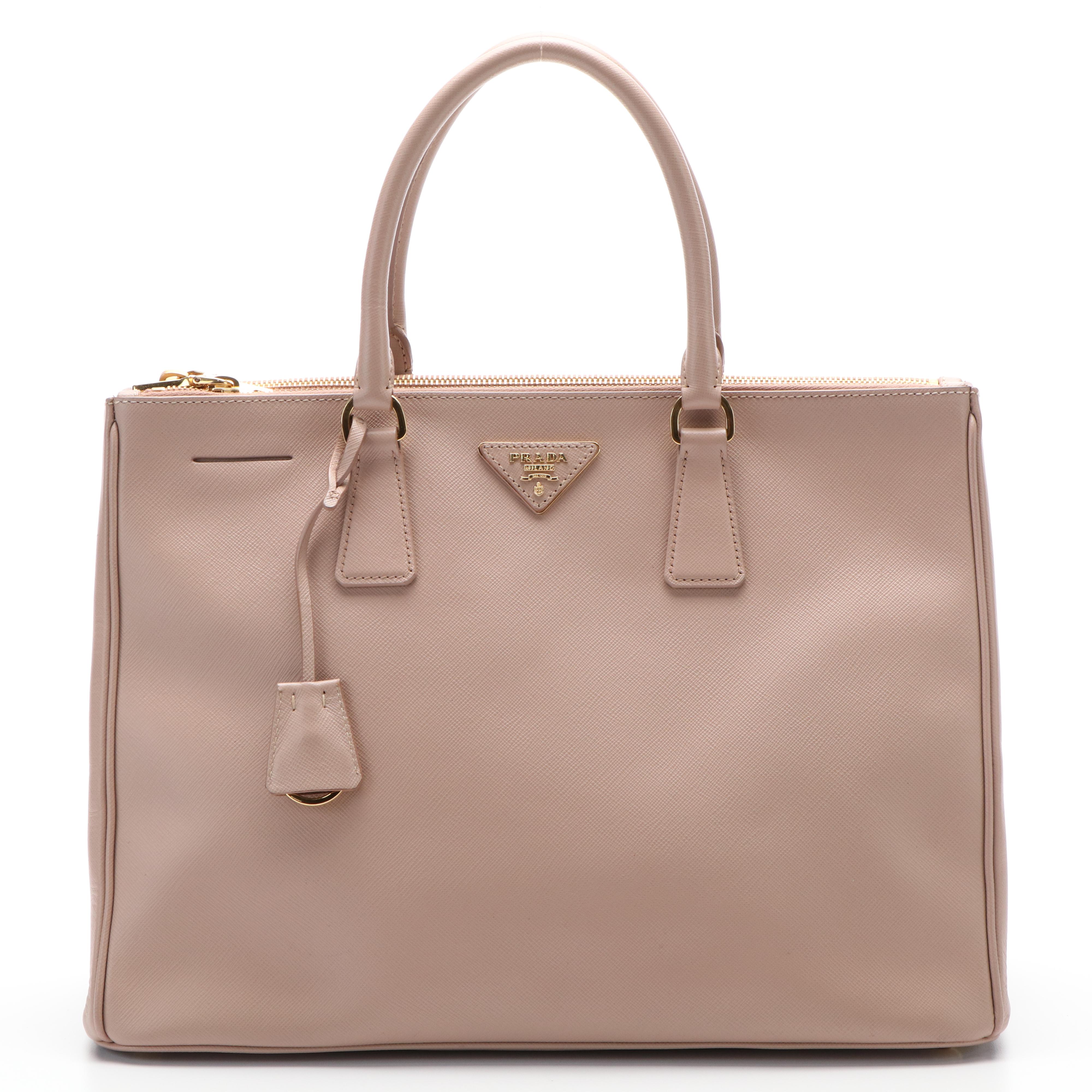 Prada Galleria Double Zip Handbag in Blush Beige Saffiano Leather