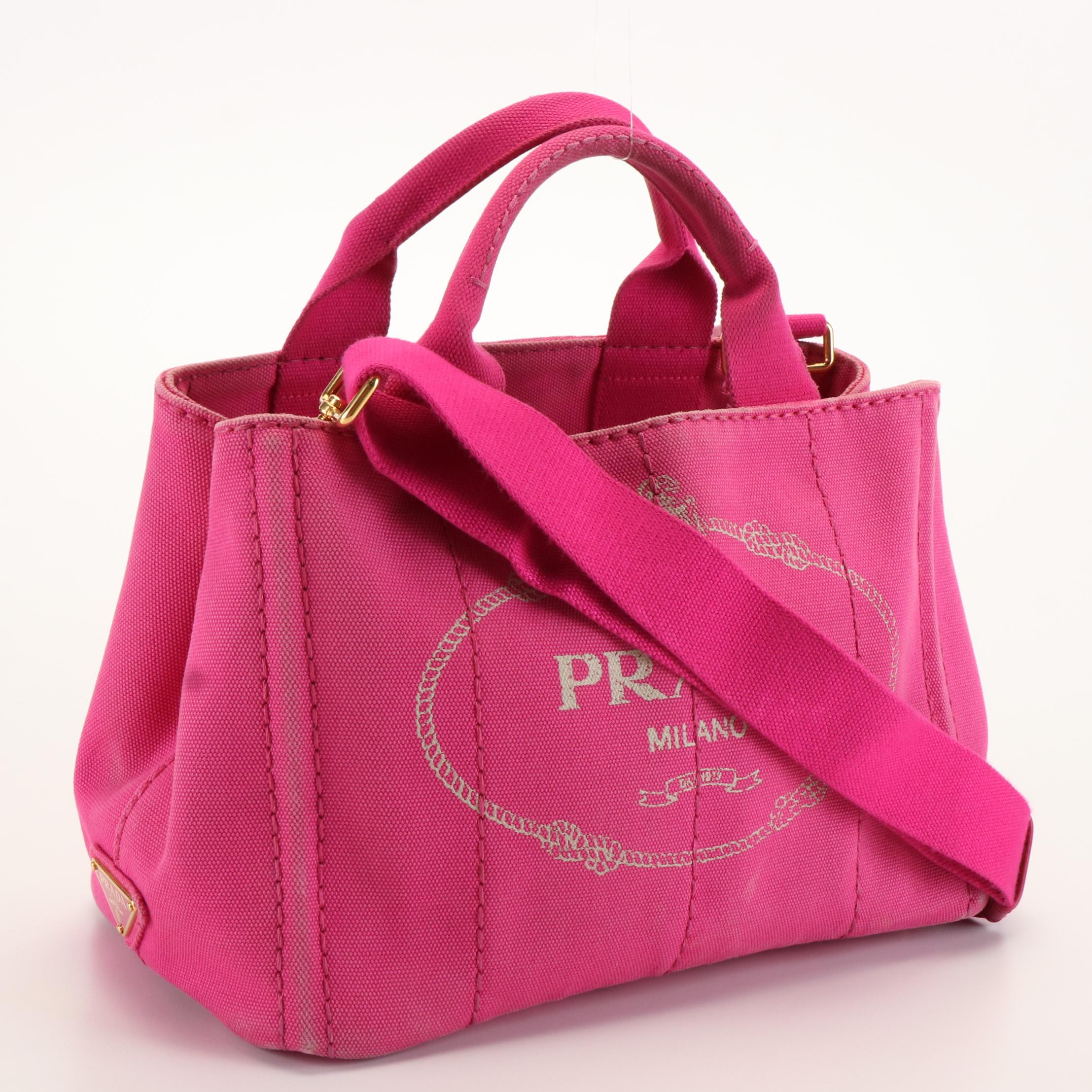 Prada Pink Canapa Log Canvas Tote Bag