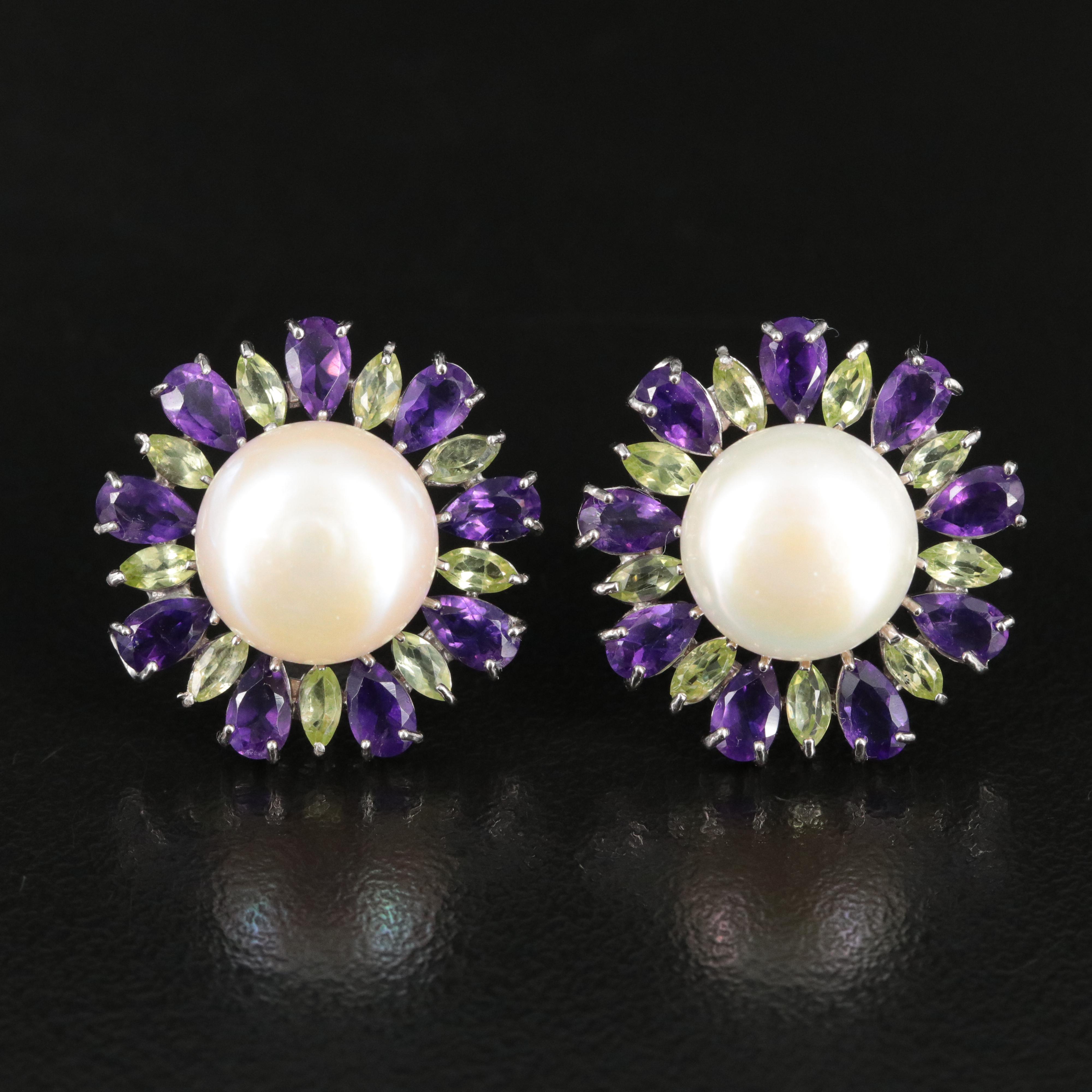 Sterling Pearl, Amethyst and Peridot Earrings