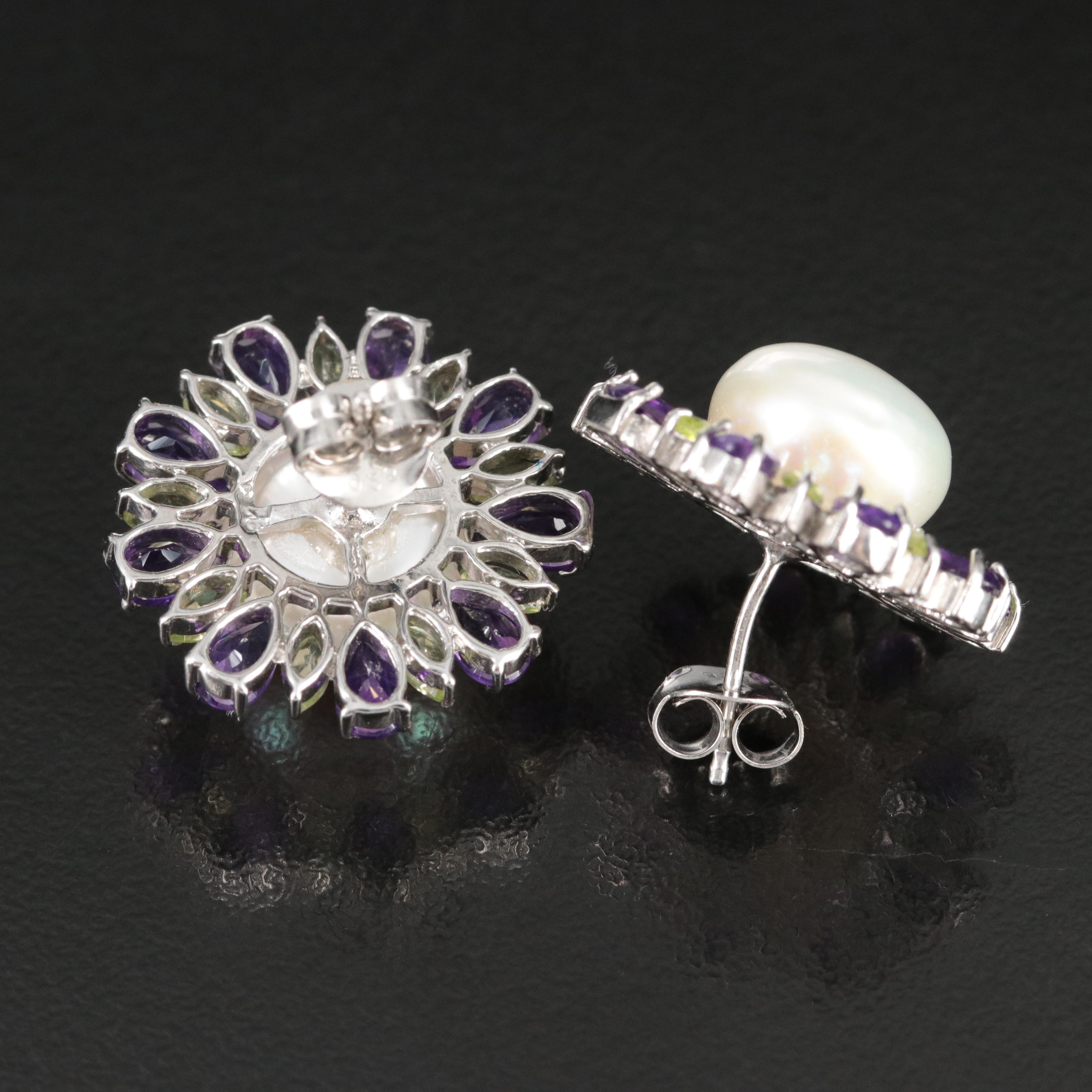 Sterling Pearl, Amethyst and Peridot Earrings