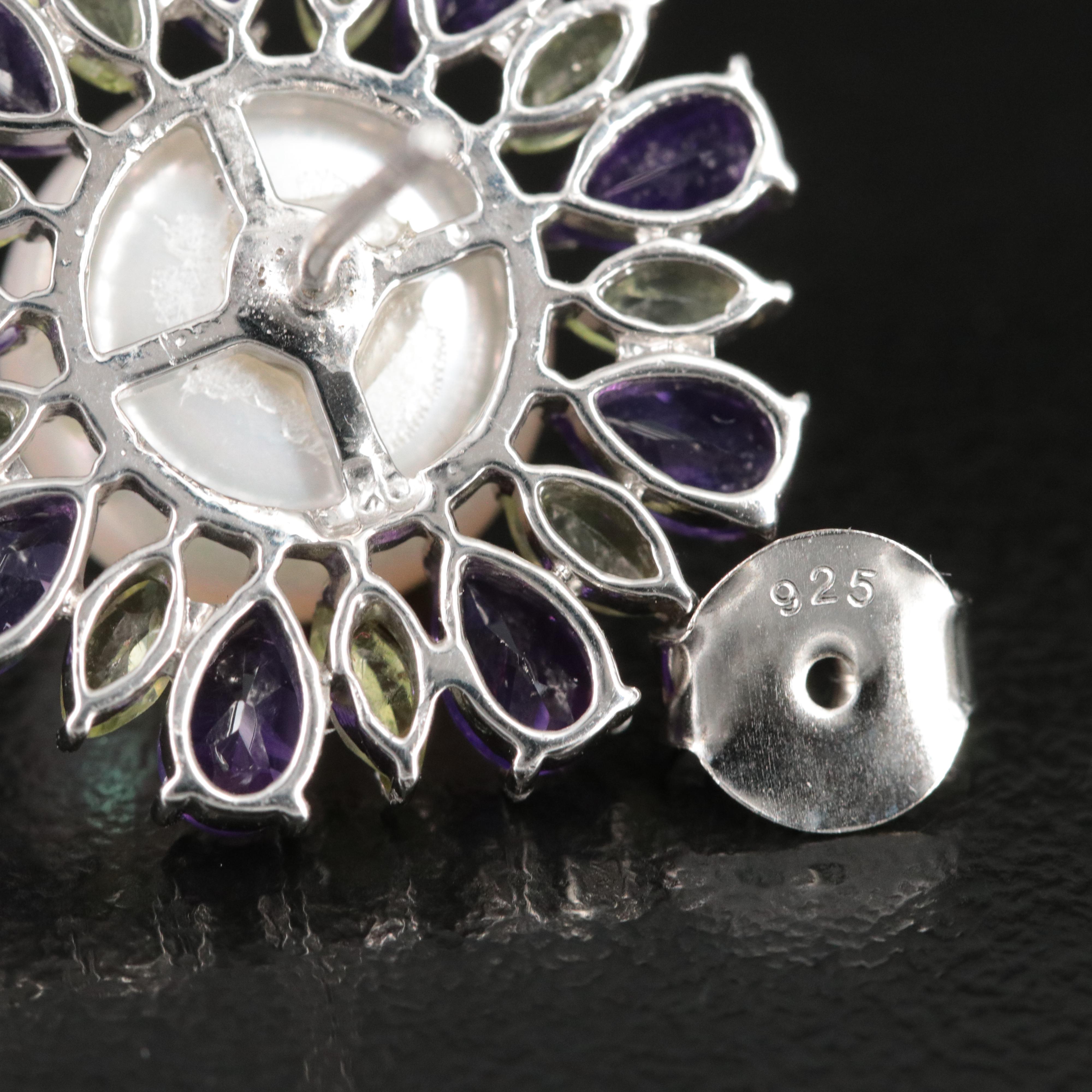 Sterling Pearl, Amethyst and Peridot Earrings