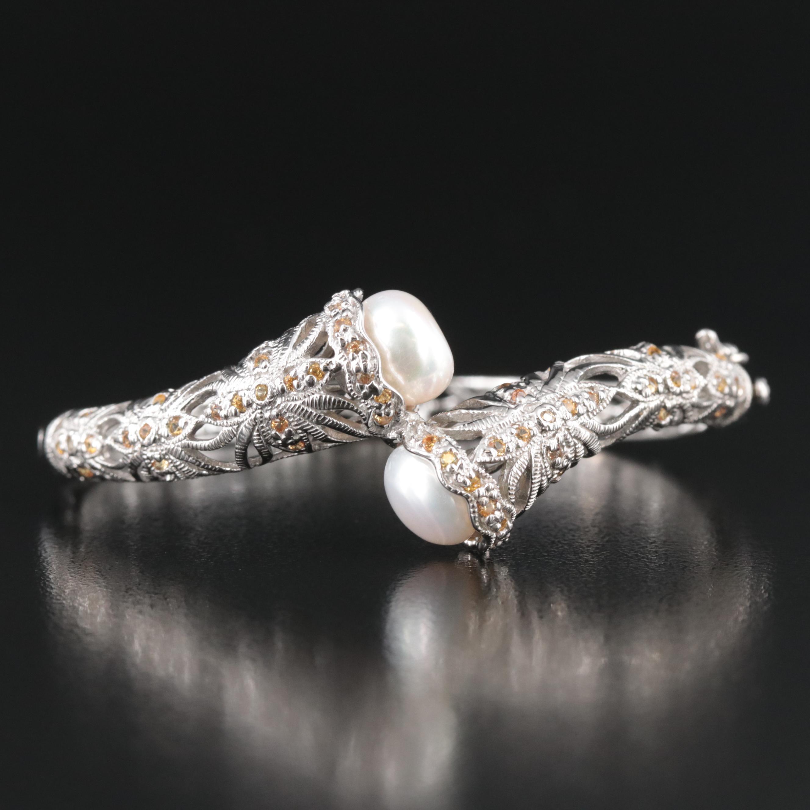 Sterling Pearl and Yellow Sappire Hinged Bypass Bracelet