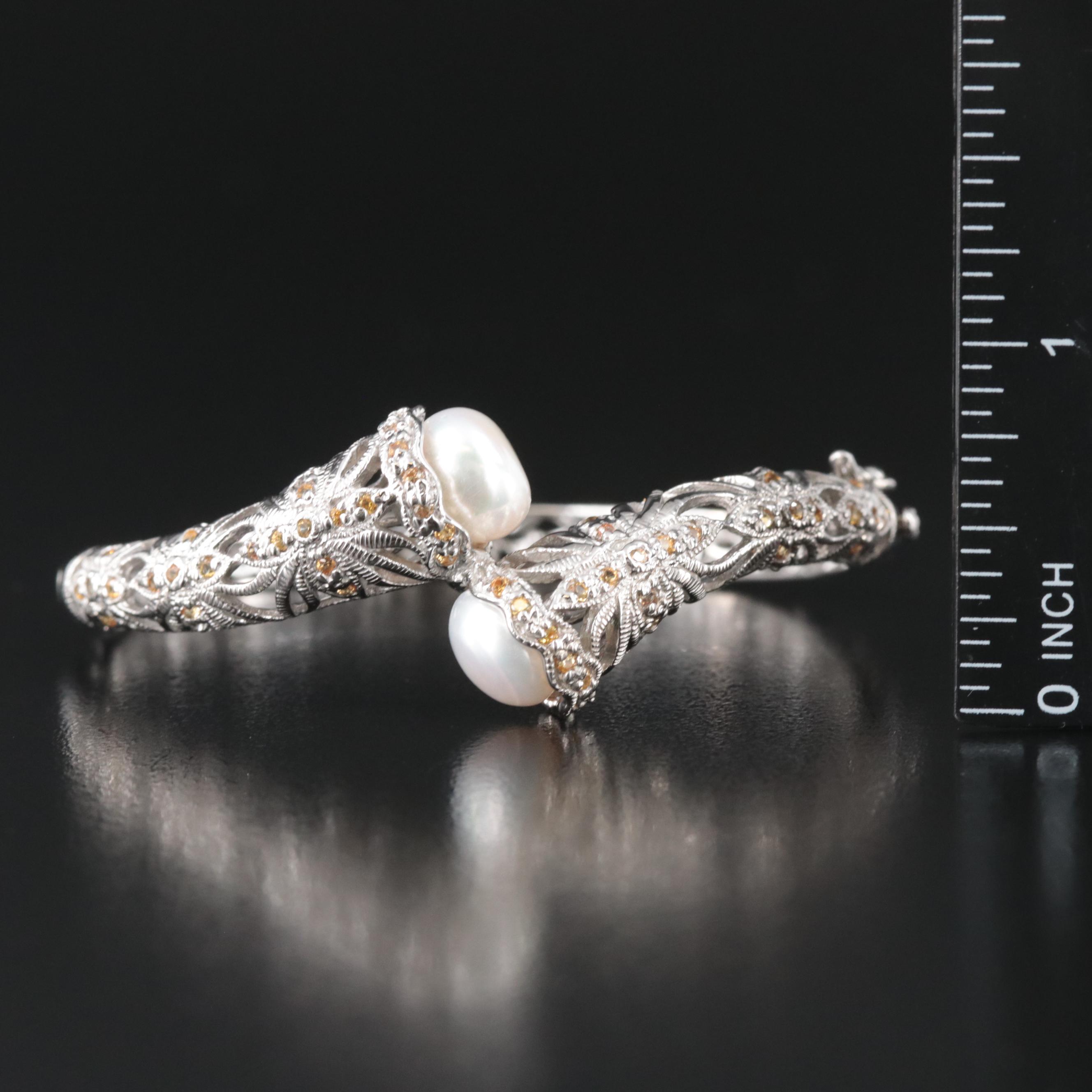 Sterling Pearl and Yellow Sappire Hinged Bypass Bracelet