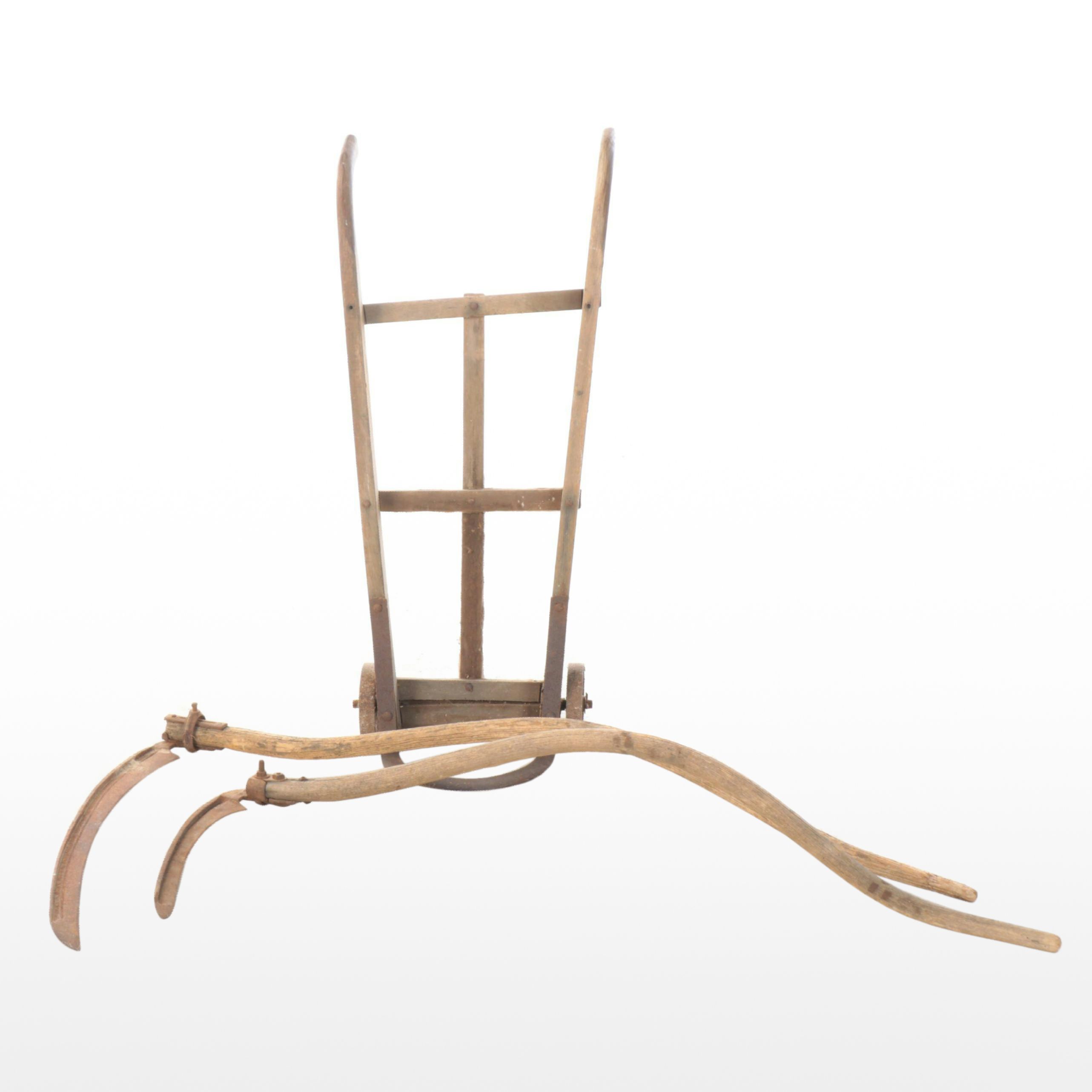 Pair of Hand Scythes with Dandy Hand Truck, Early to Mid-20th Century