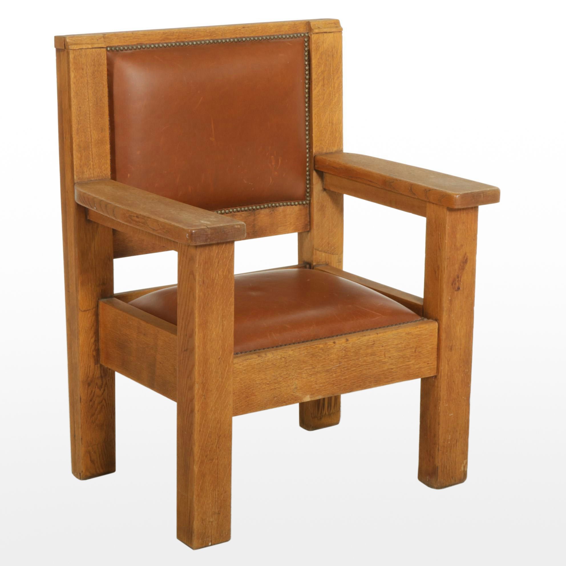 Mission Style Oak Armchair with Leather Upholstery, Early 20th Century