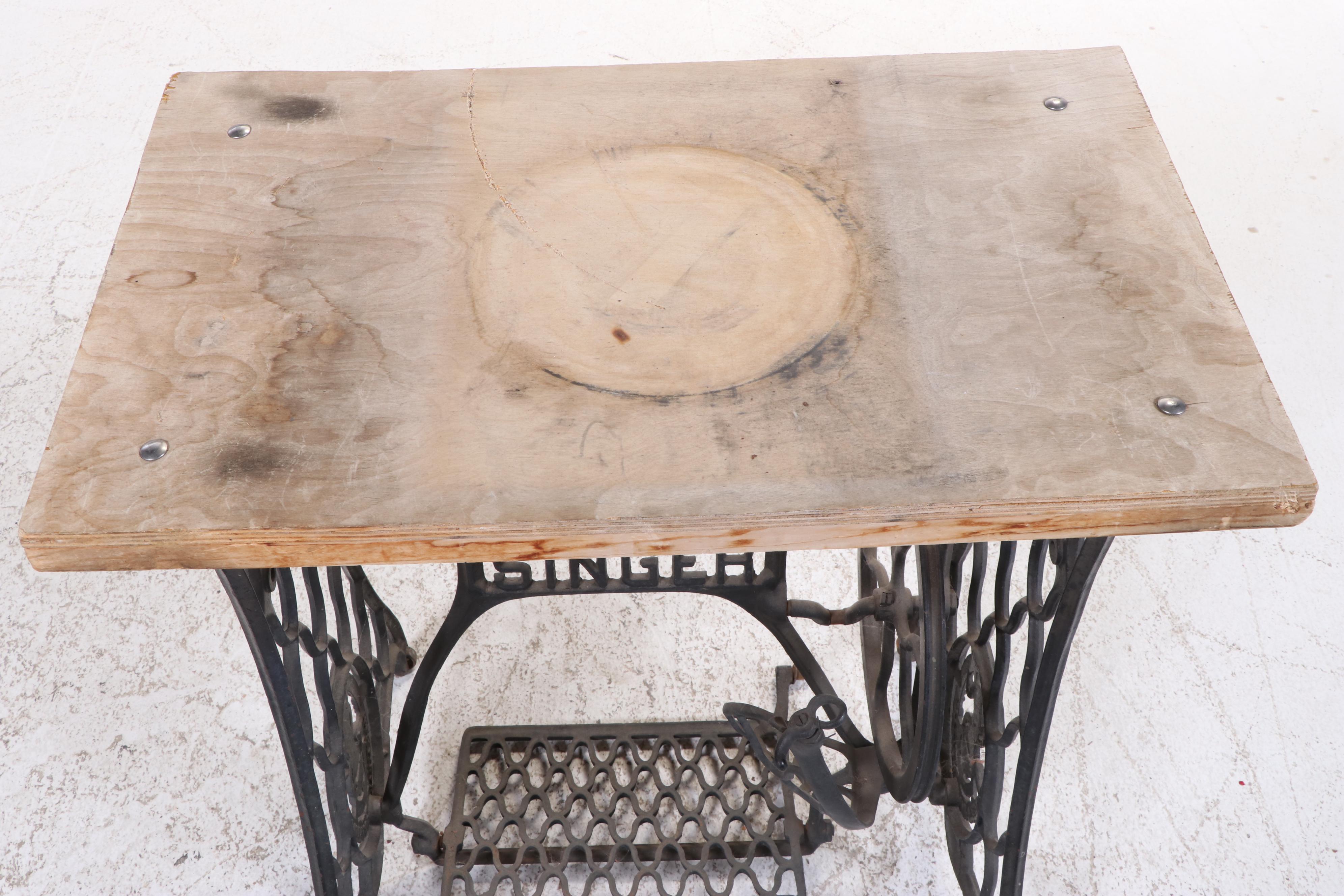 Singer Sewing Machine Cast Iron Treadle Base with Plywood Top