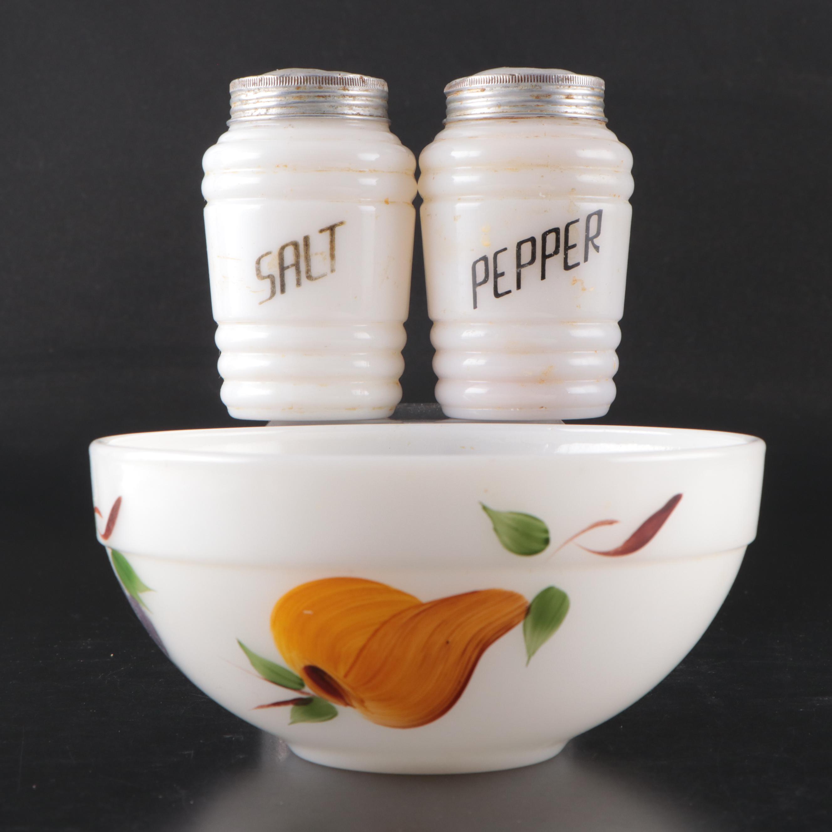 Fire King HandPainted Milk Glass Fruit Bowl with Other Salt & Pepper