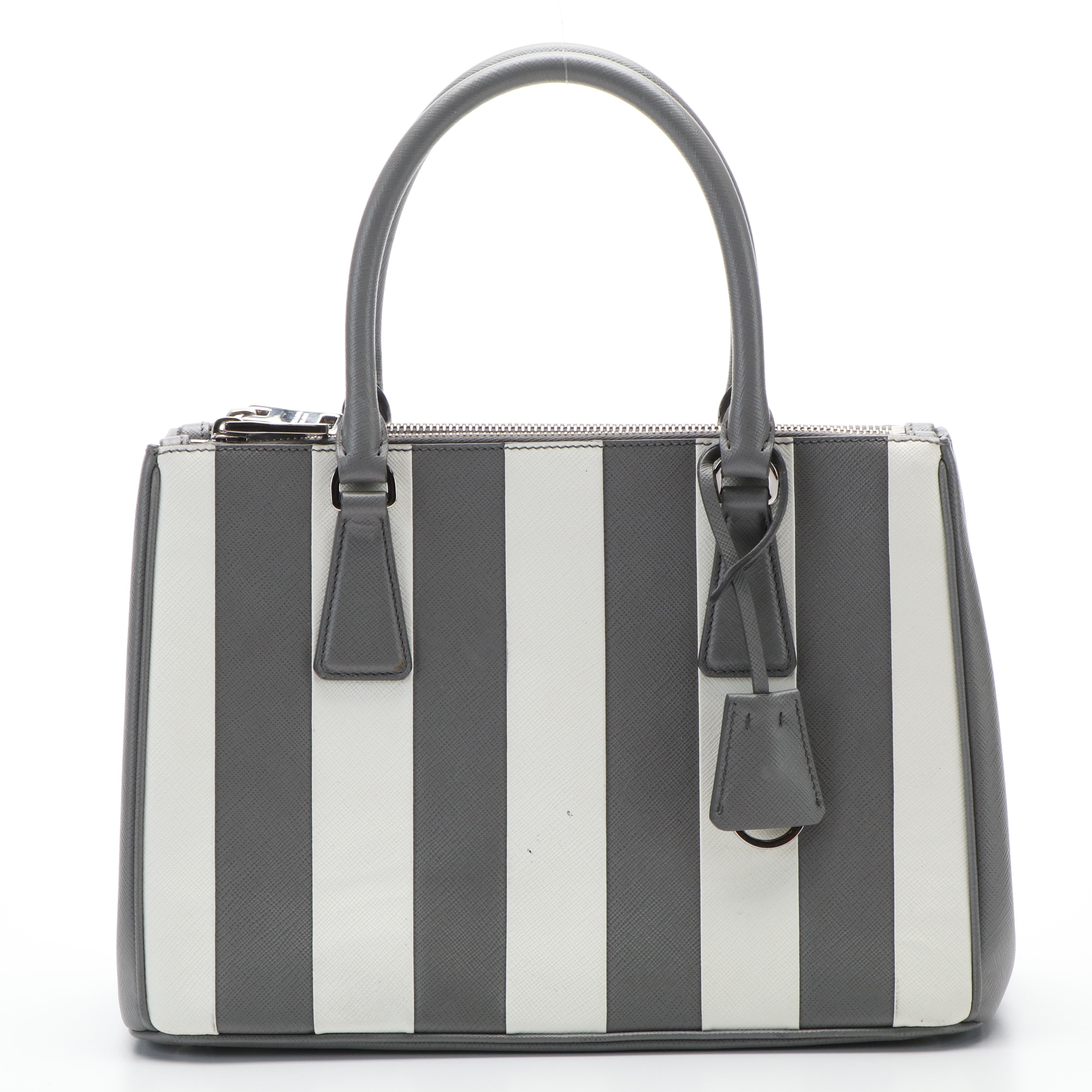 Prada Galleria Double Zip Tote Bag in Printed Grey and White Saffiano Leather