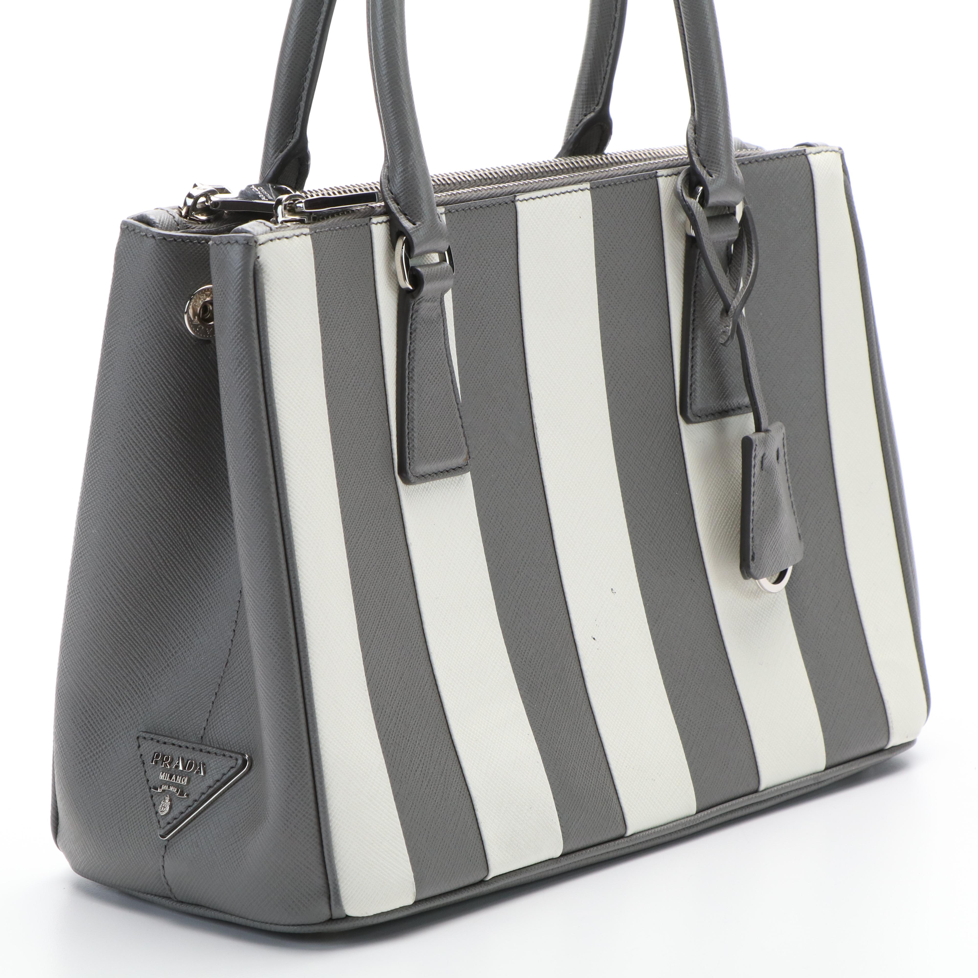 Prada Galleria Double Zip Tote Bag in Printed Grey and White Saffiano Leather