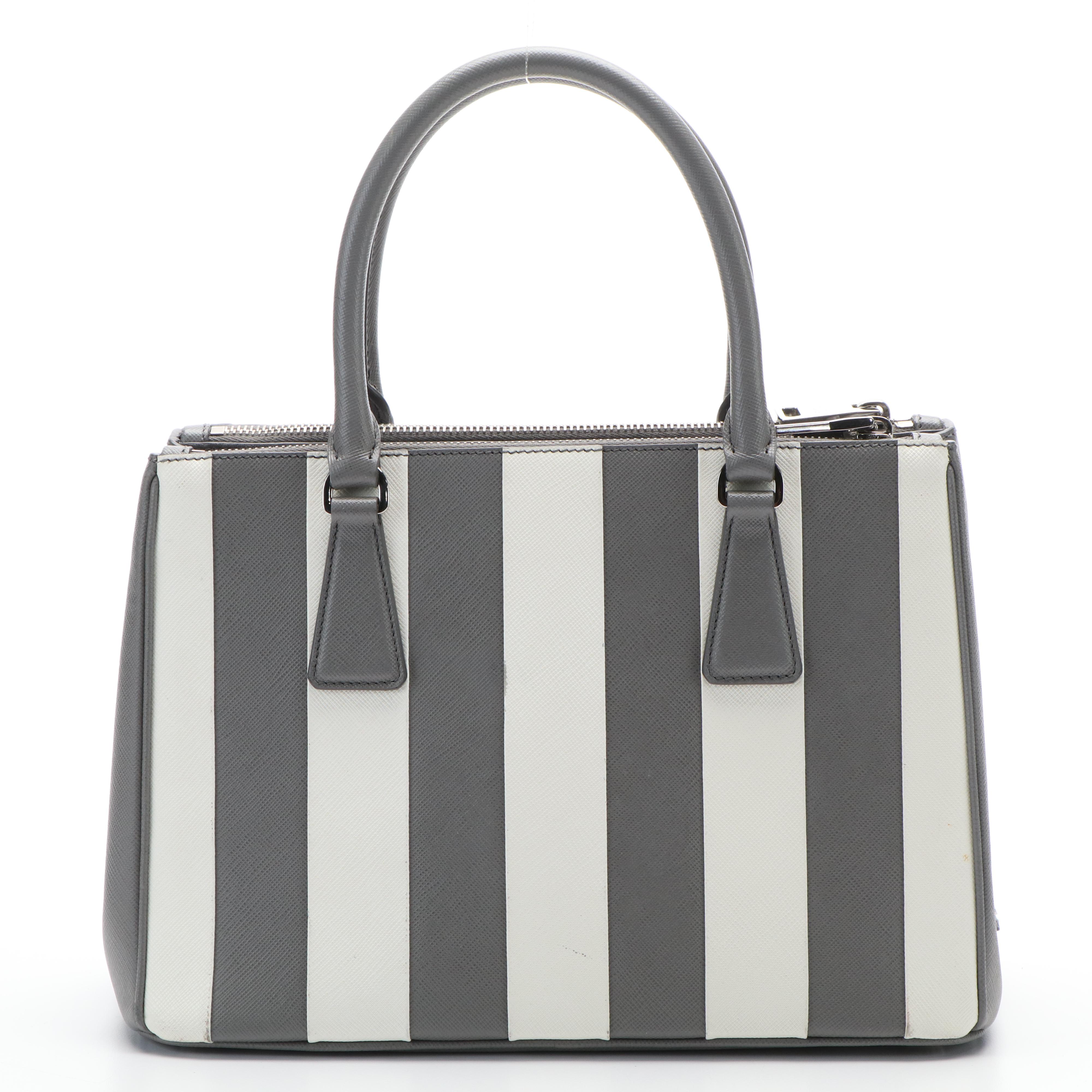 Prada Galleria Double Zip Tote Bag in Printed Grey and White Saffiano Leather