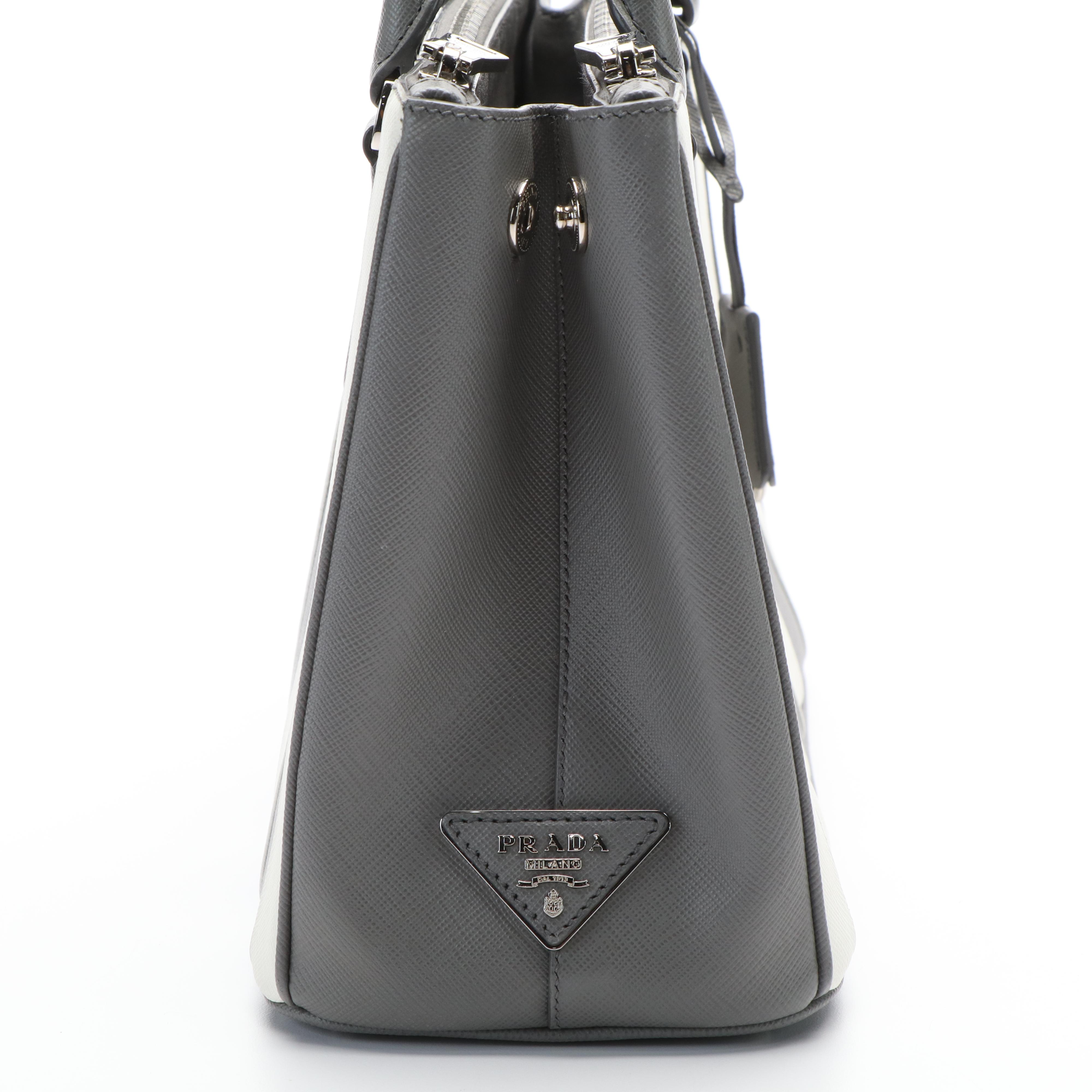 Prada Galleria Double Zip Tote Bag in Printed Grey and White Saffiano Leather