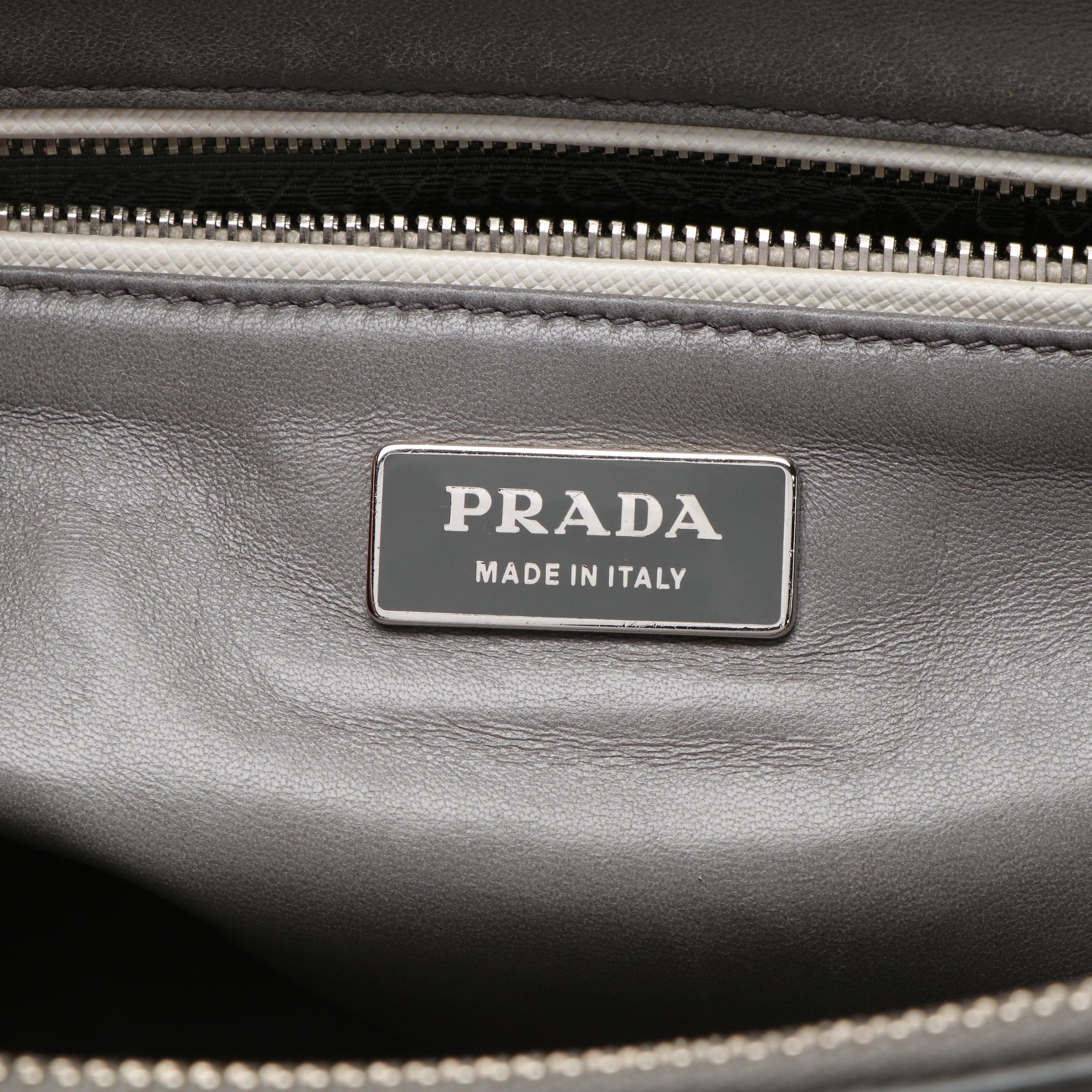 Prada Galleria Double Zip Tote Bag in Printed Grey and White Saffiano Leather