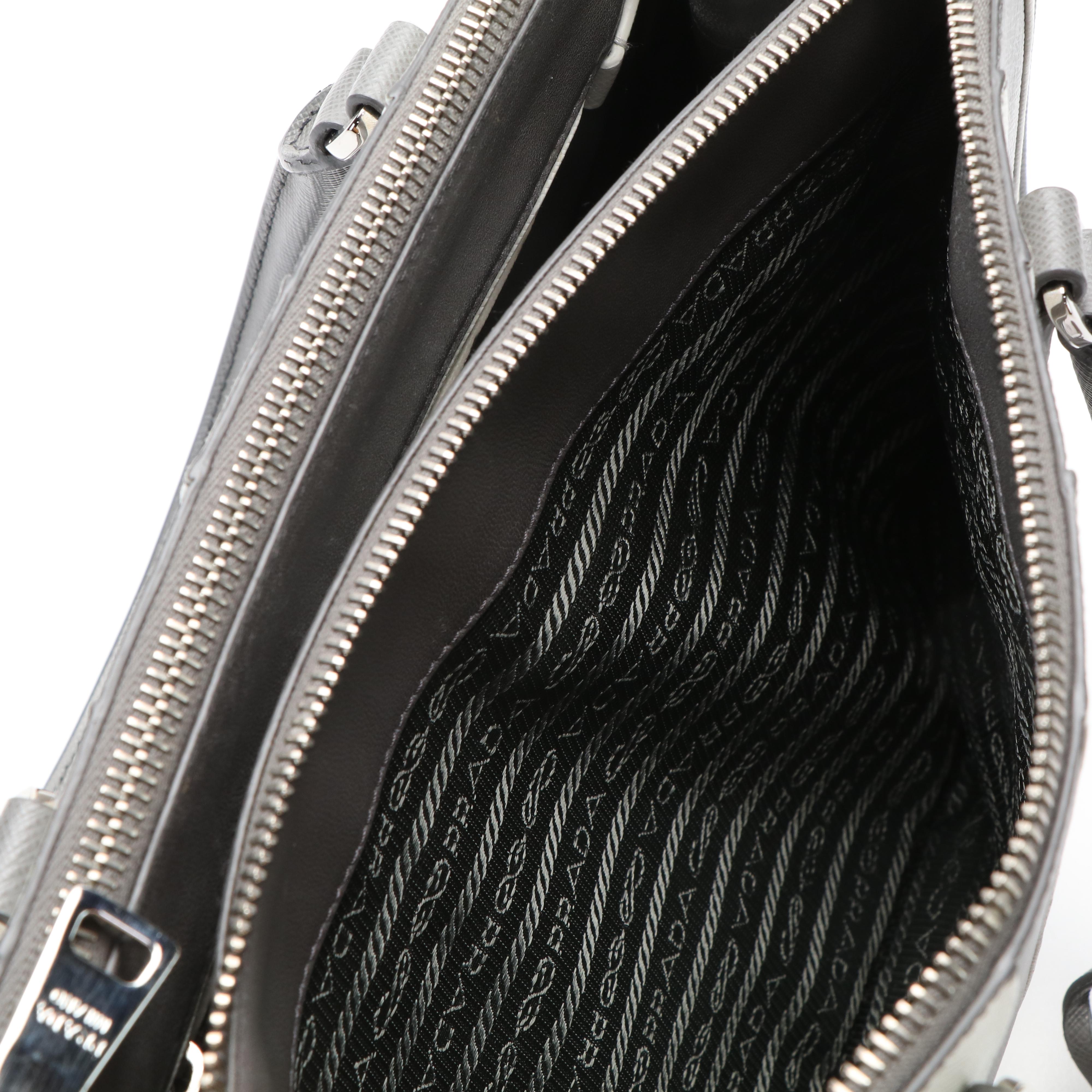 Prada Galleria Double Zip Tote Bag in Printed Grey and White Saffiano Leather