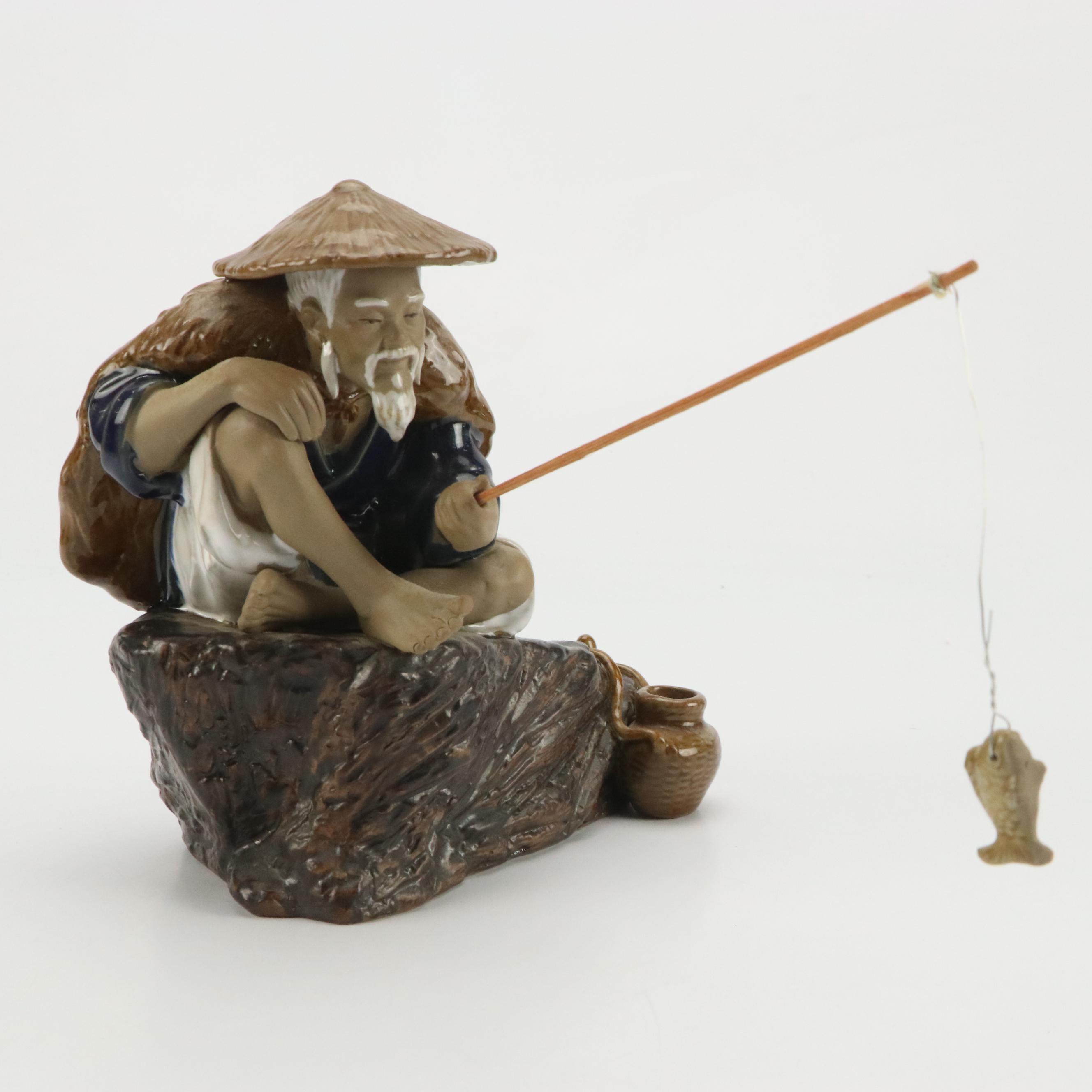 Chinese Shiwan Ware Fisherman with Tang Style Horse and Miniature Rug