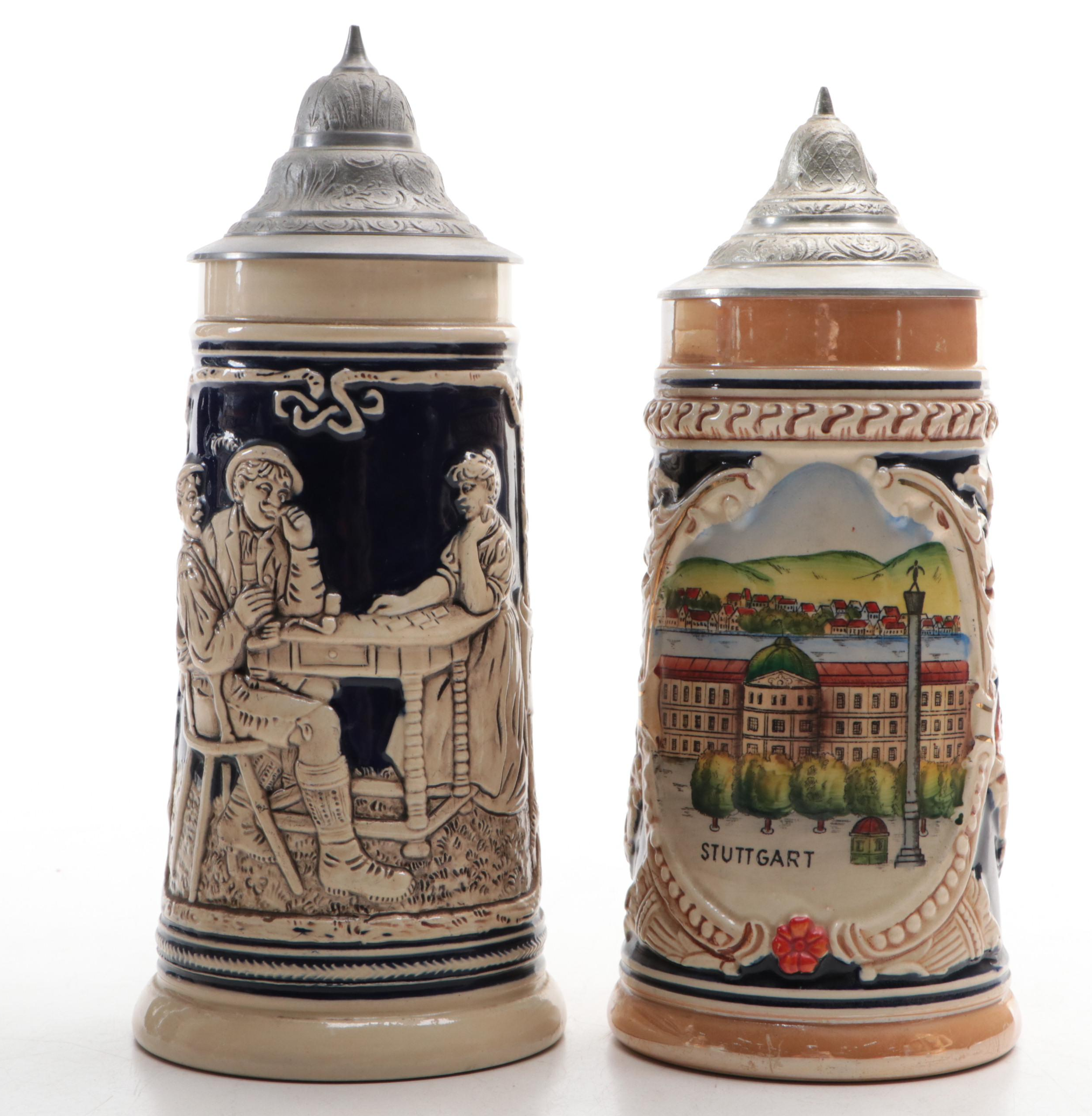 German Hand-Painted Earthenware and Pewter Lidded Steins