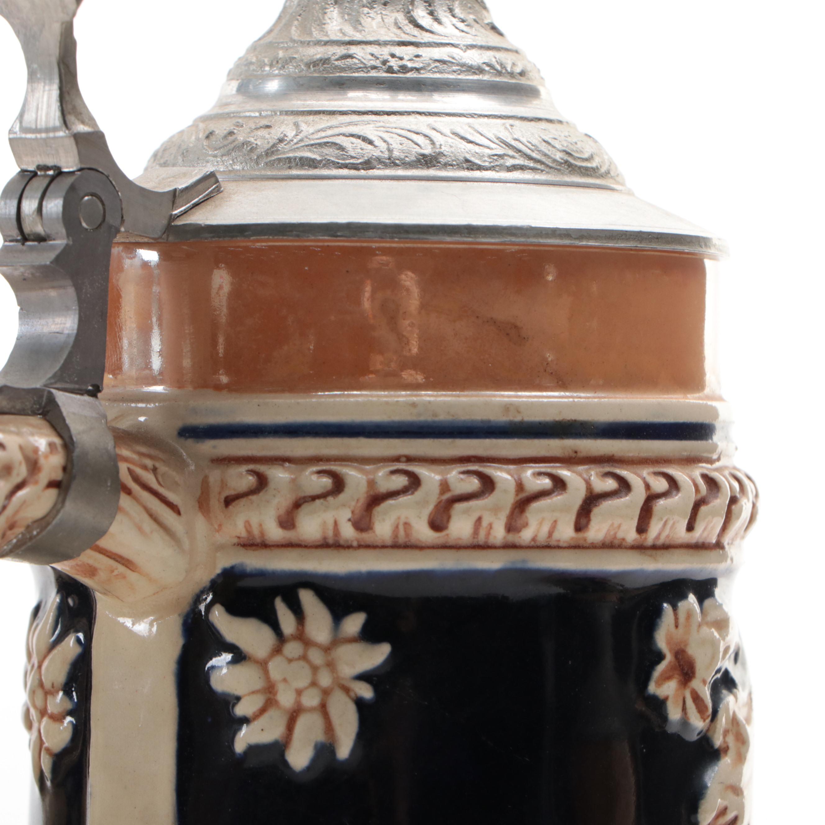 German Hand-Painted Earthenware and Pewter Lidded Steins
