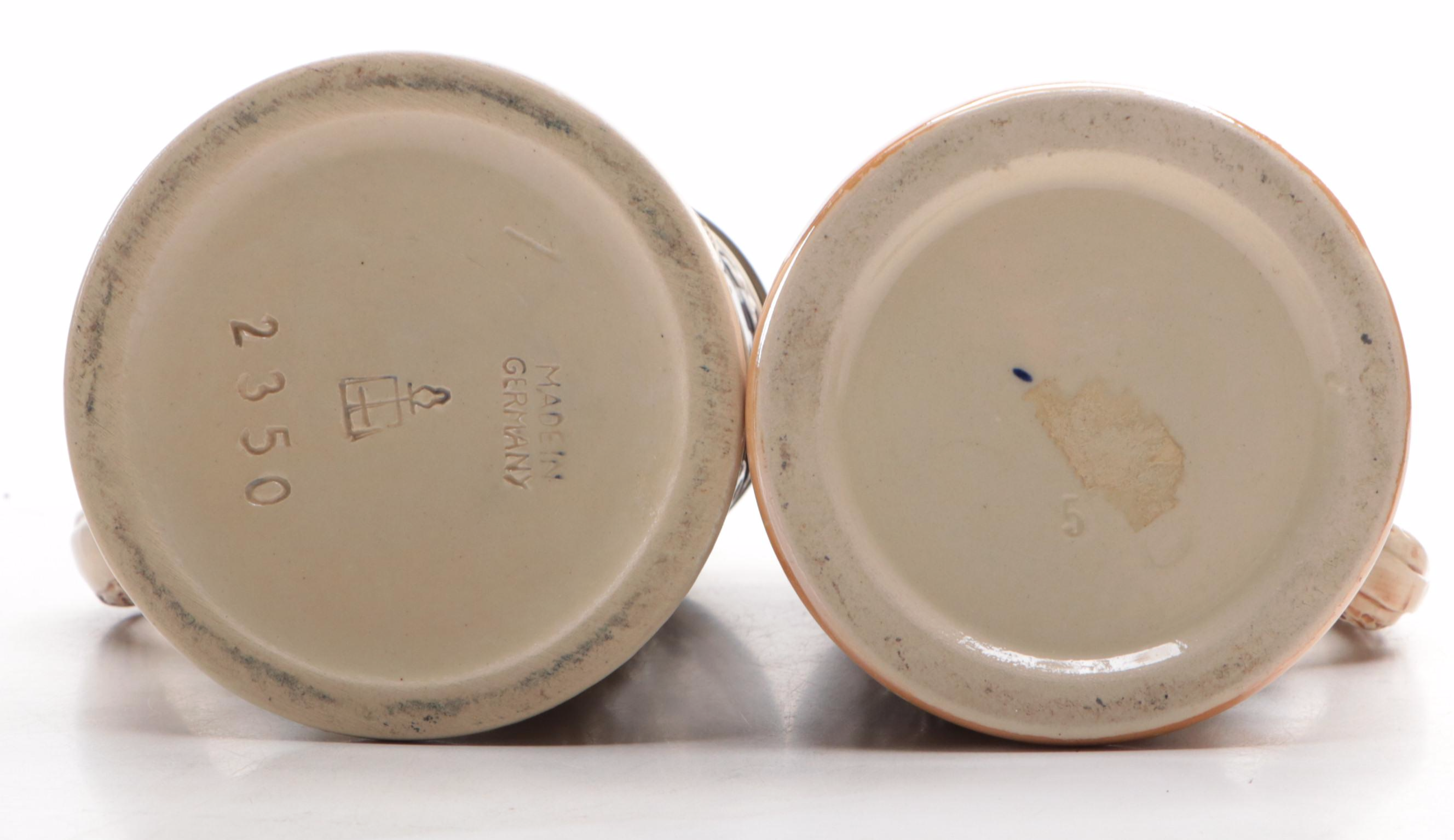 German Hand-Painted Earthenware and Pewter Lidded Steins