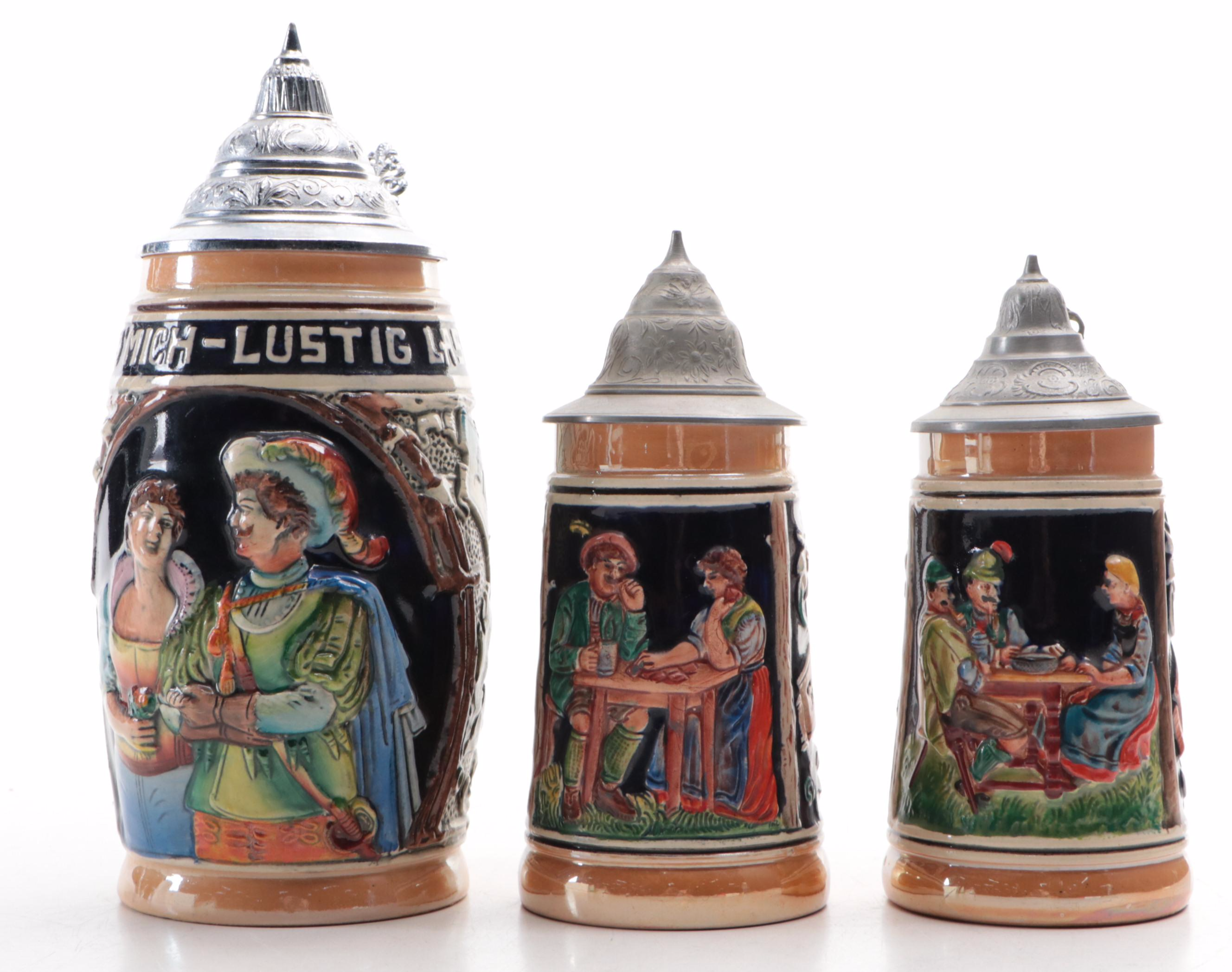 German Hand-Painted Earthenware and Pewter Lidded Steins