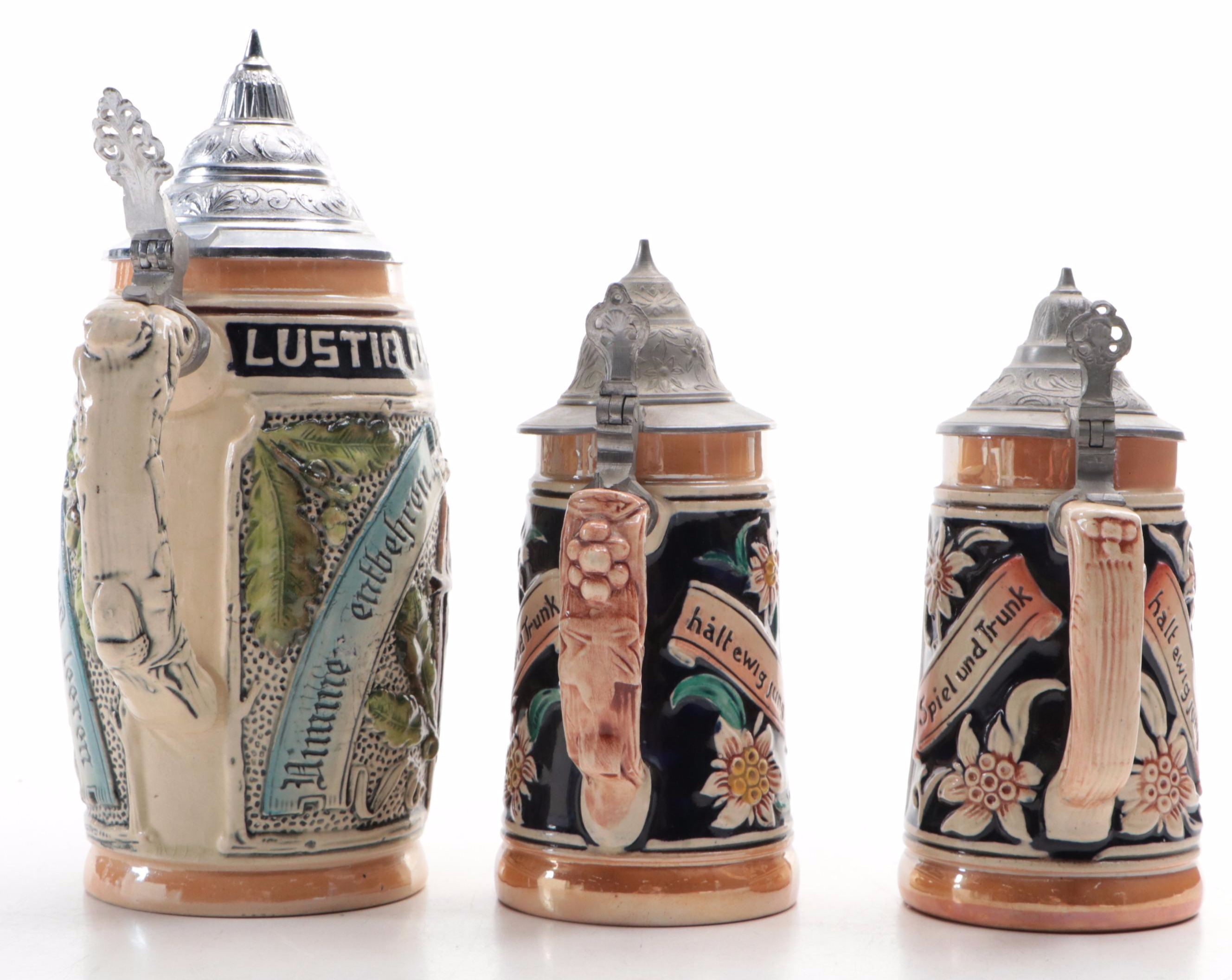 German Hand-Painted Earthenware and Pewter Lidded Steins