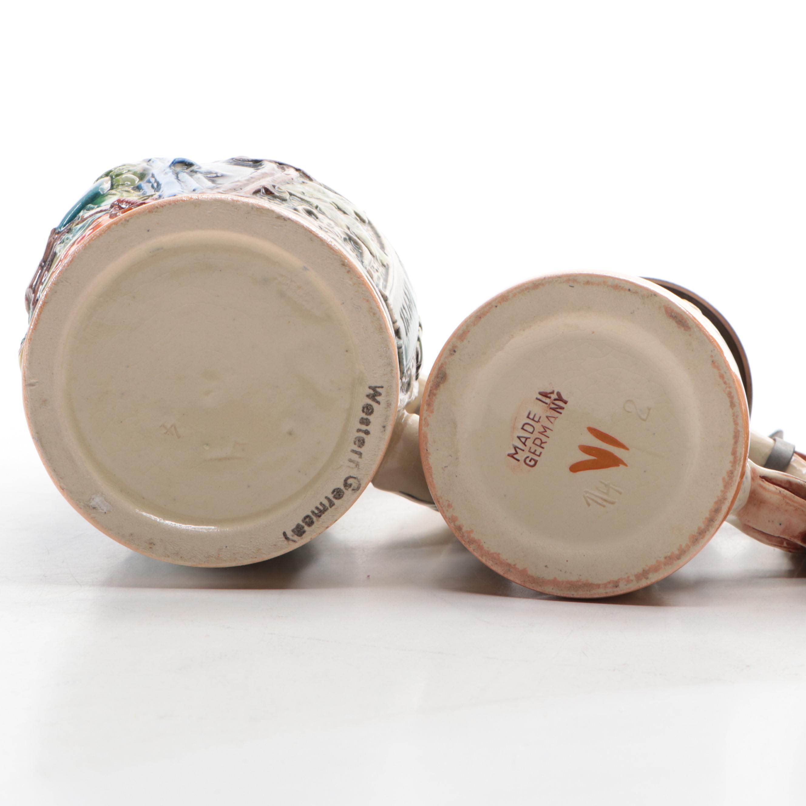 German Hand-Painted Earthenware and Pewter Lidded Steins