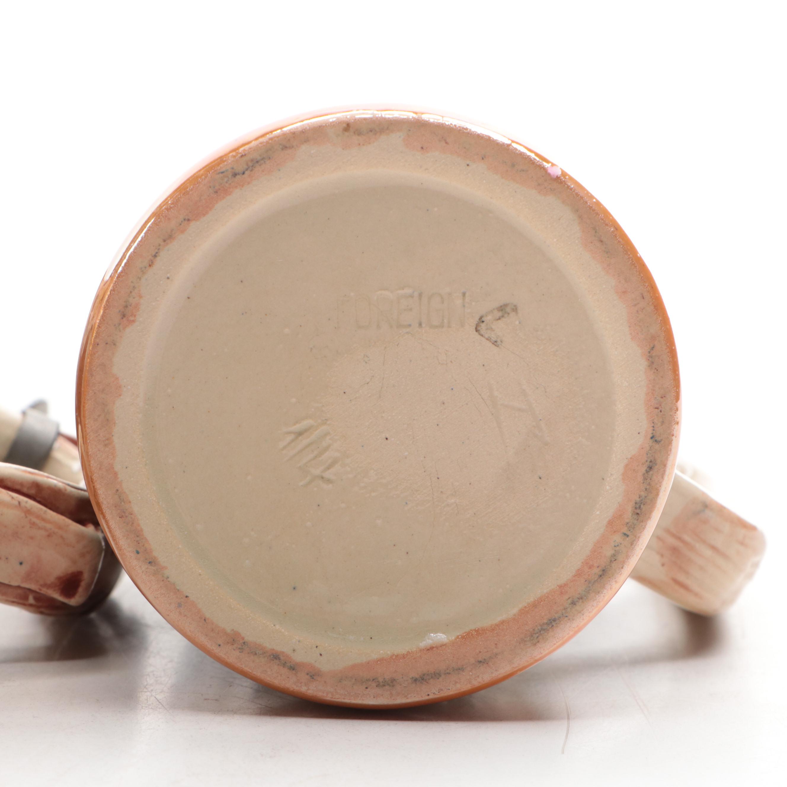 German Hand-Painted Earthenware and Pewter Lidded Steins