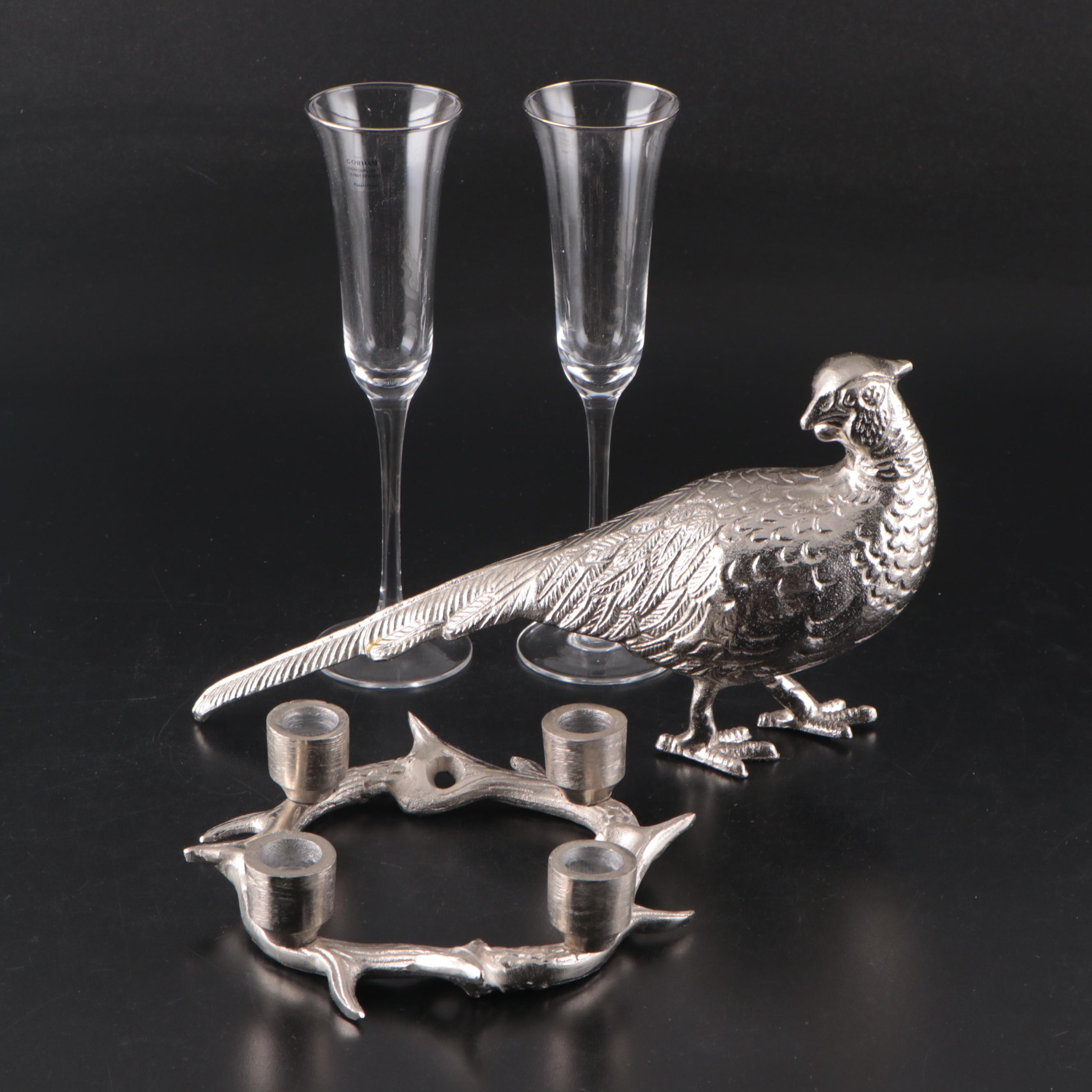 Gorham "Rings of Love" Crystal Champagne Flutes with Silver Plate Table Décor